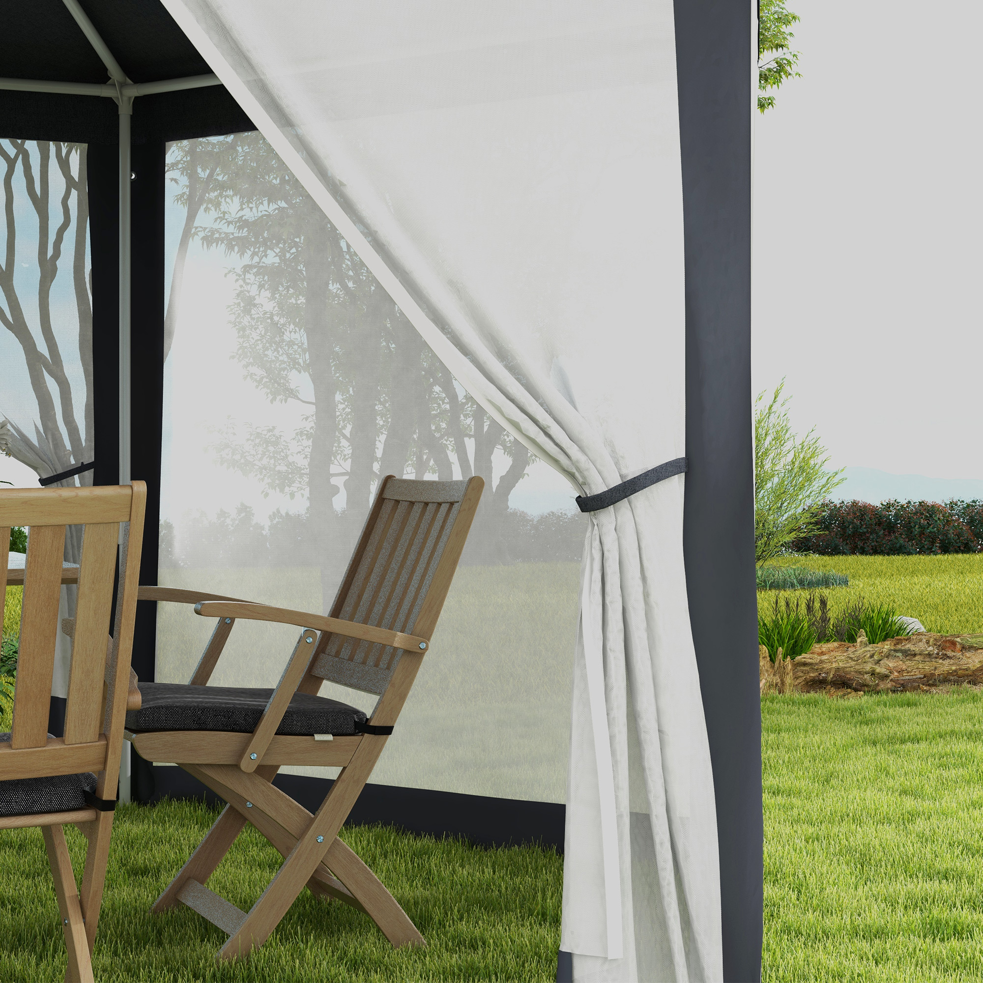 Gartenpavillon, 6-eckig, Netzvorhänge, Metallgestell, 3,94x3,412x2,5m, Dunkelgrau