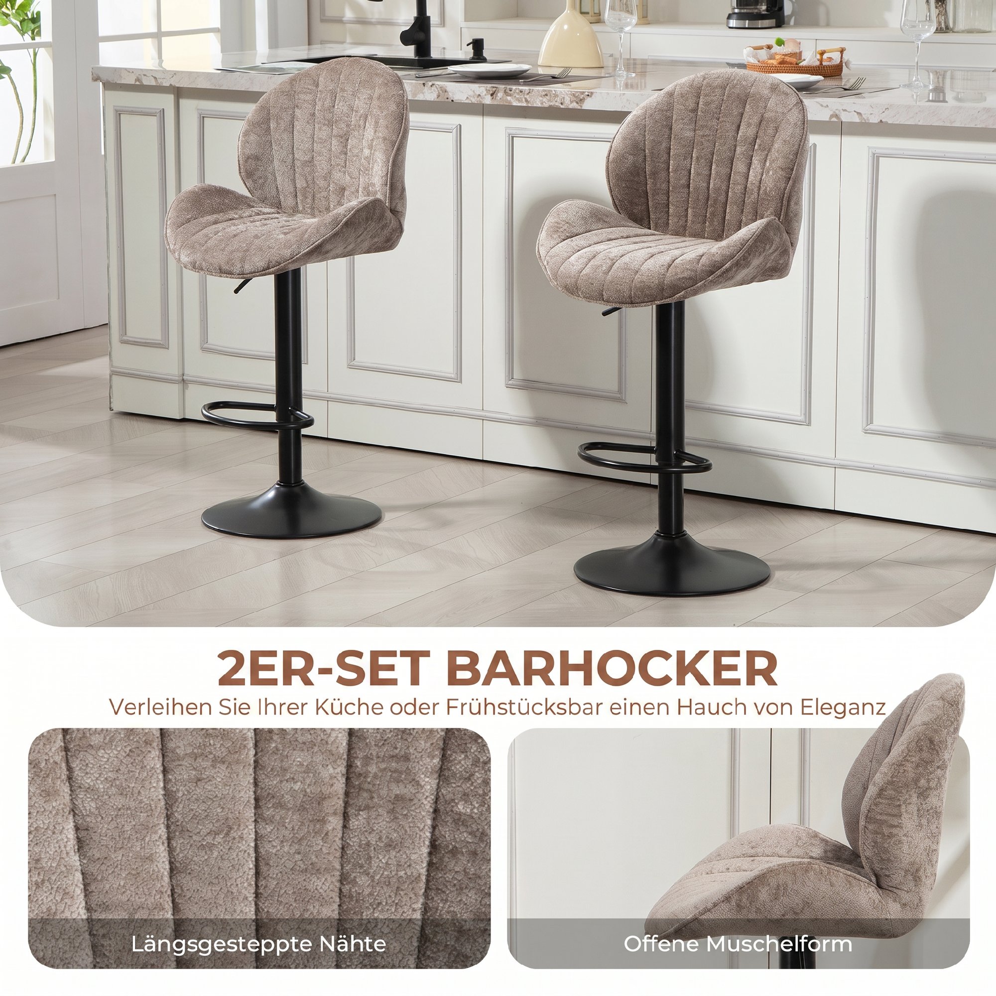 2er-Set Barhocker, Stoffbezug, verstellbare Sitzhöhe, drehbar, Stahlrahmen, Braun