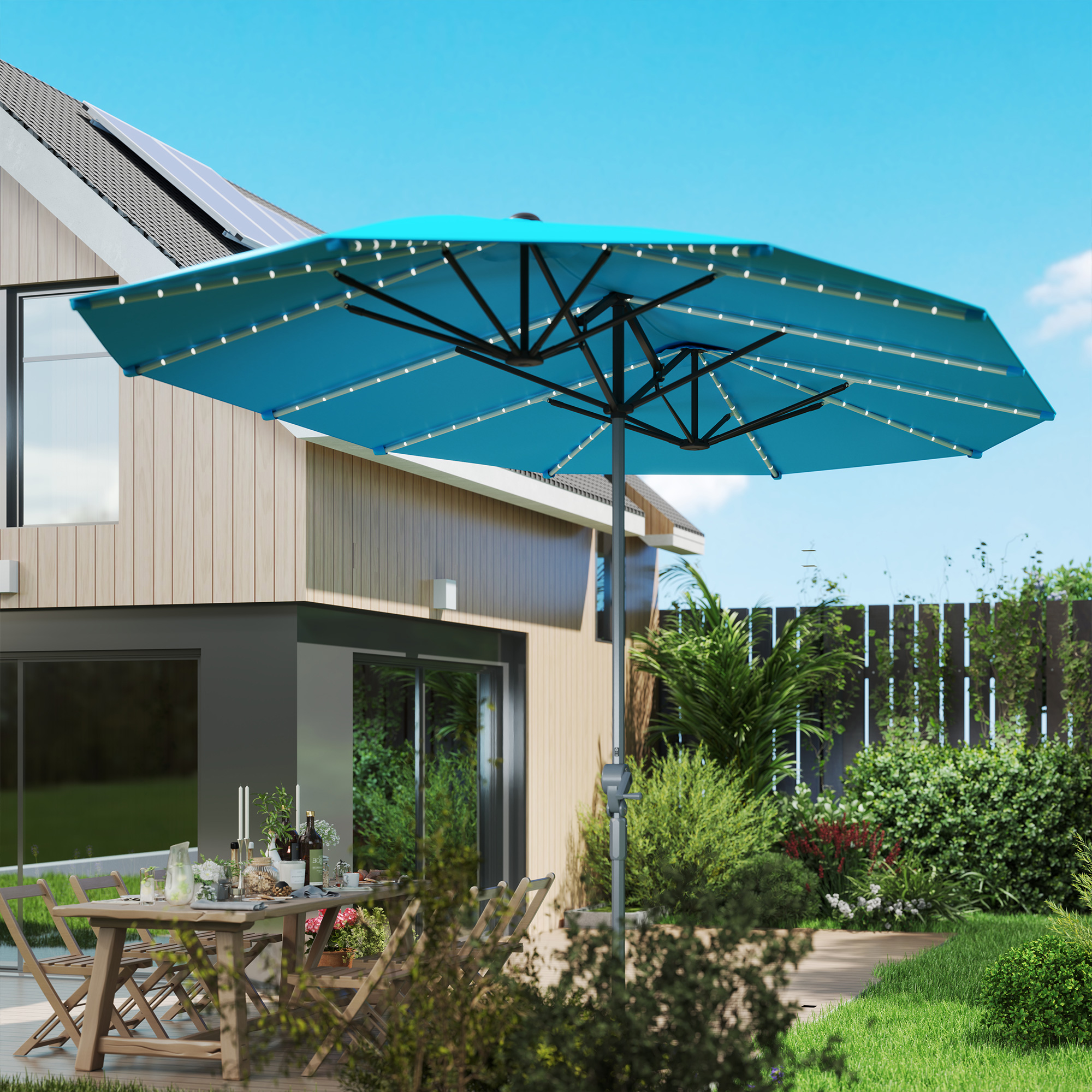 Doppelschirm mit Solar-Lichtern, Aluminium, Polyester, UPF50+ Schutz, UV-beständig, Terrassenschirm, Blau