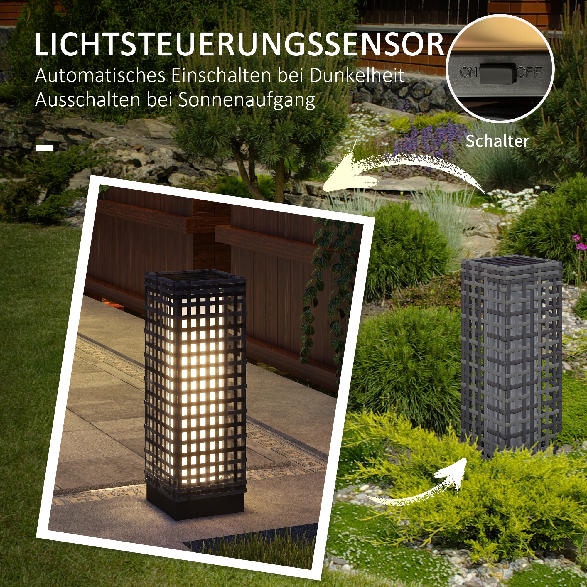 Außenleuchte mit Solarmodul, Einschaltautomatik, 8 h Betriebszeit, Rattanoptik, Stahl, 15,5 x 15,5 x 46 cm, Grau