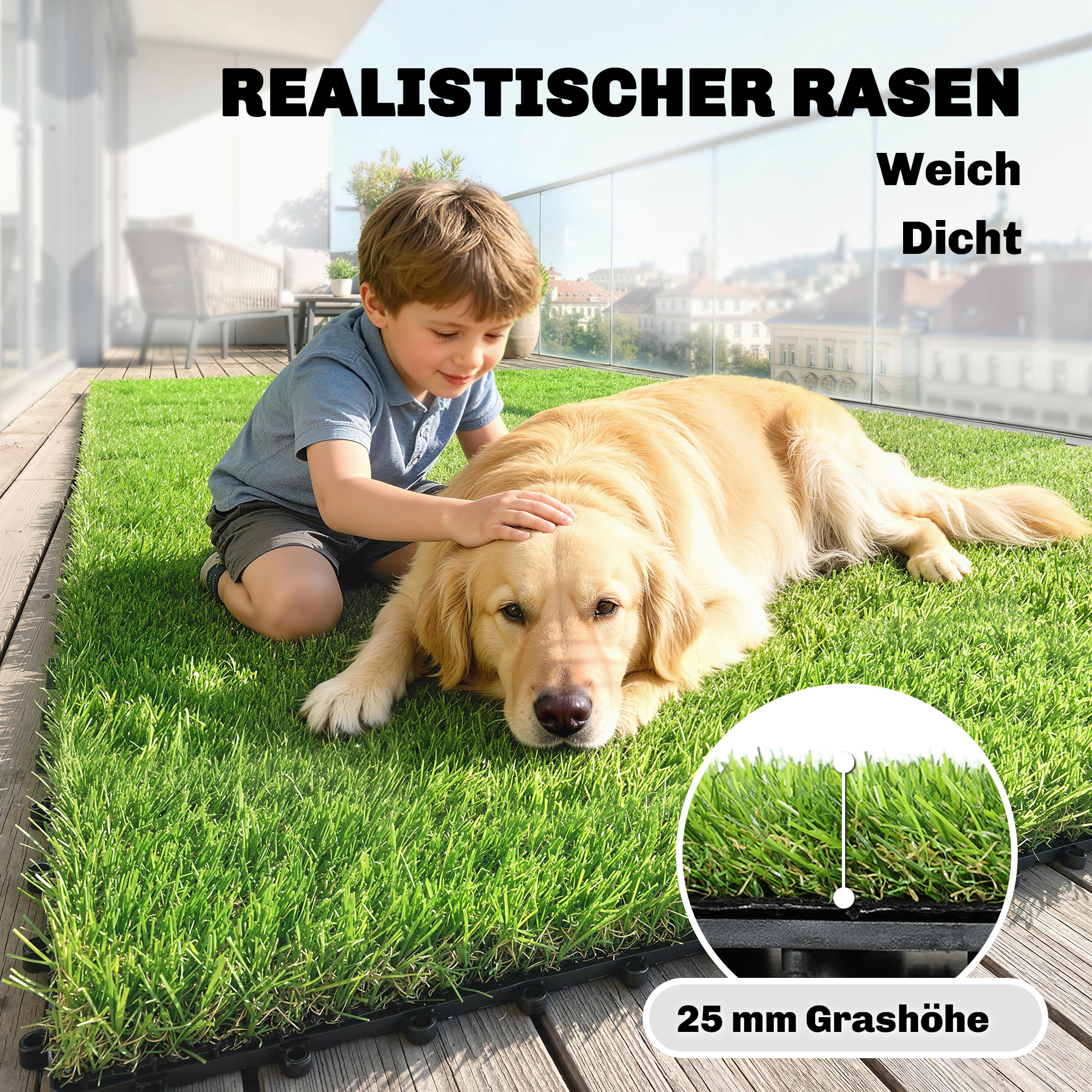 22er Set Kunstrasen Fliesen 30x30 cm Rasenfliesen mit Drainagesystem, 2m² Rasenteppich Kunststoff Grasmatte