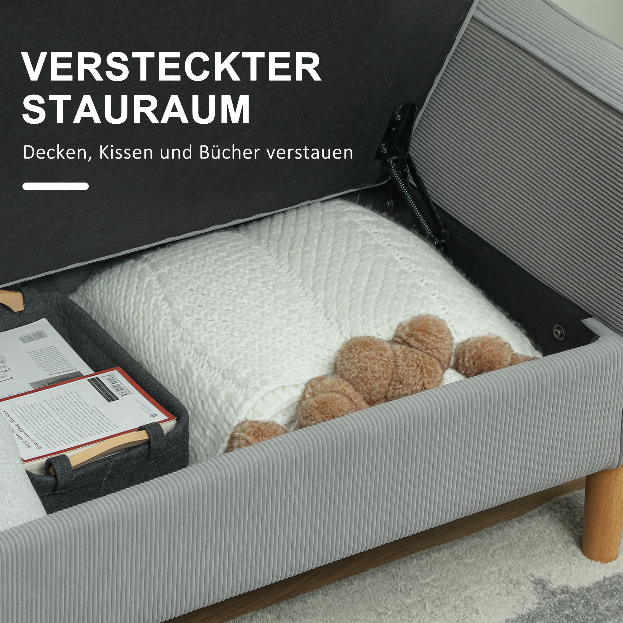Zweisitzer-Sofa mit Stauraum und soliden Holzbeinen, für Wohnzimmer, Schlafzimmer, 117 x 63 x 79 cm, Hellgrau