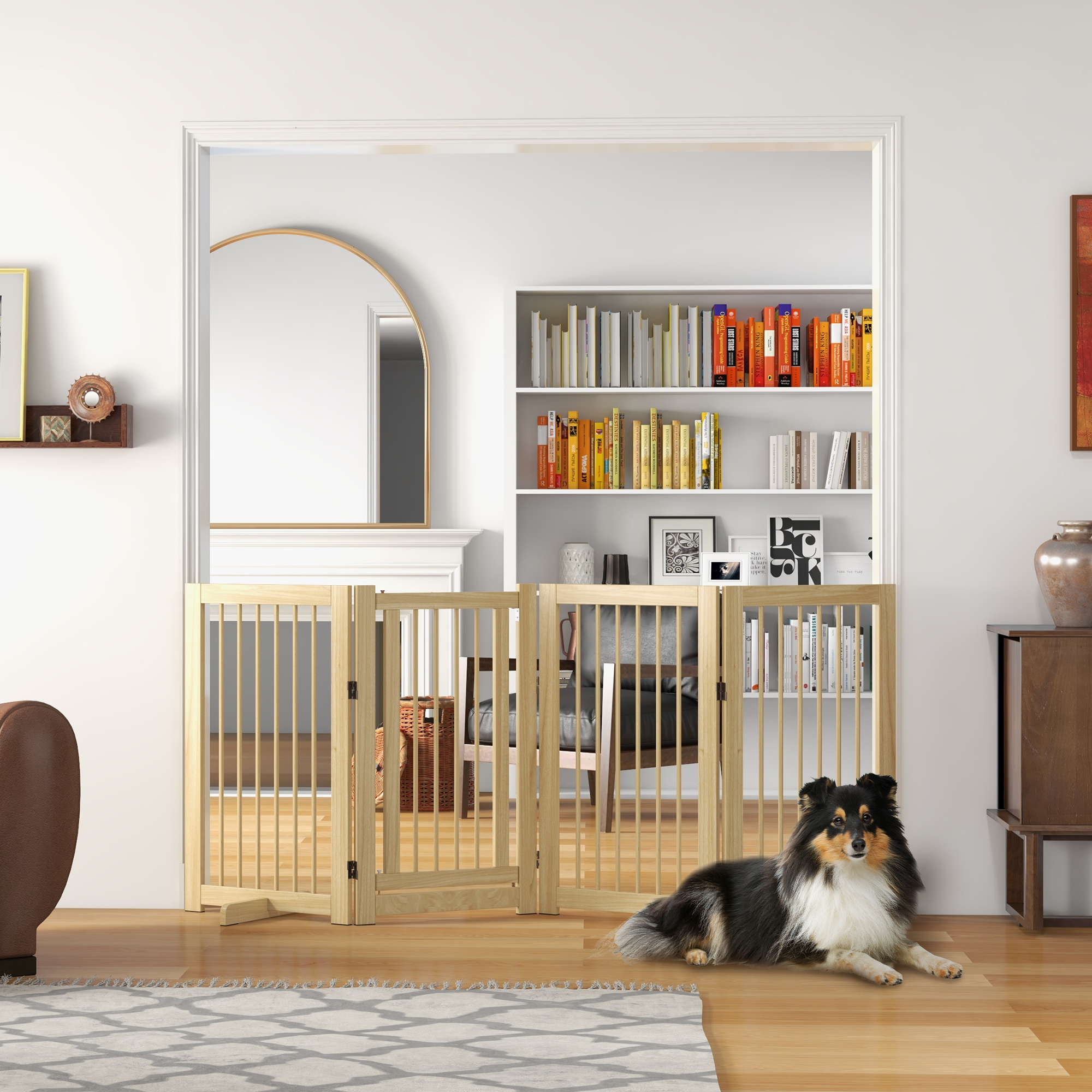 Hunde-Absperrgitter, freistehend, klappbar, Tür & Füße, Holzrahmen, 220x36x91cm
