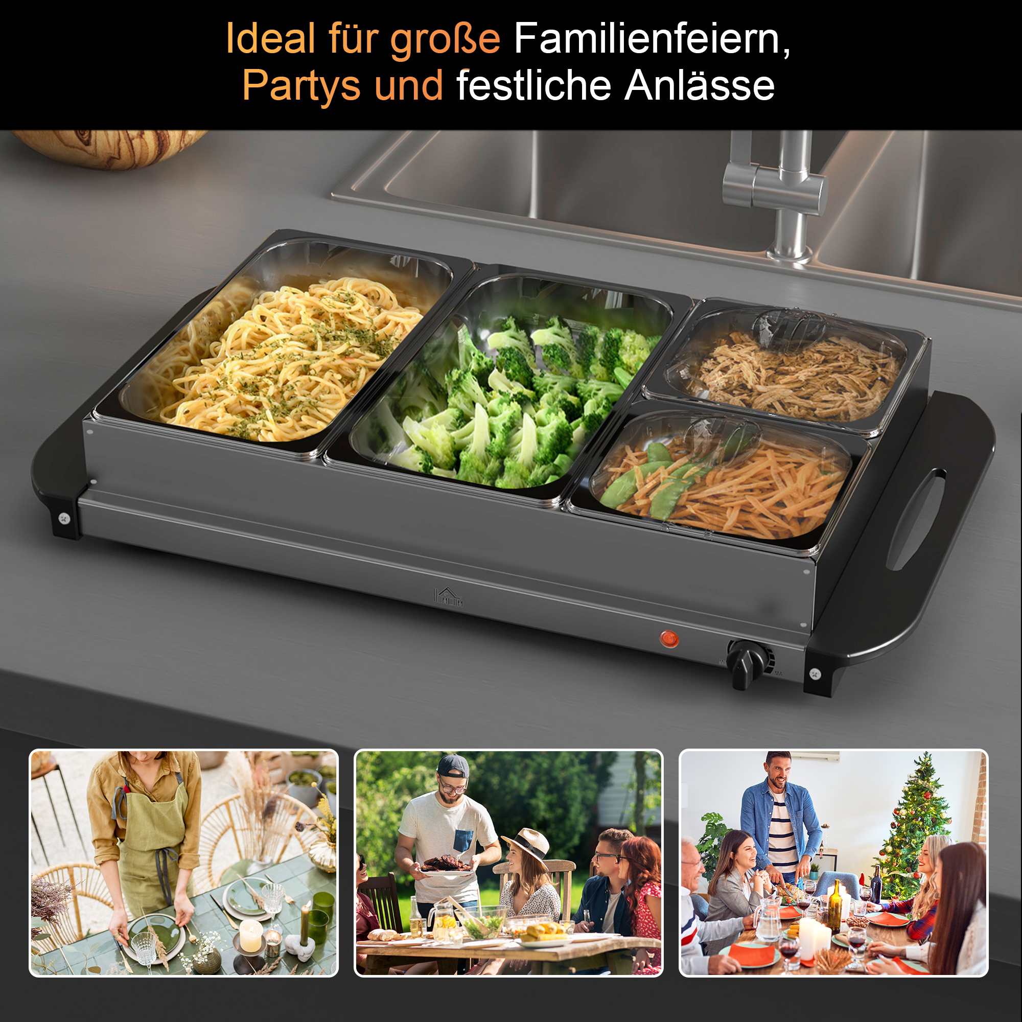 2-in-1 Buffetwärmer 6,8L Warmhalteplatte 300 Watt Edelstahl Speisewärmer Silber