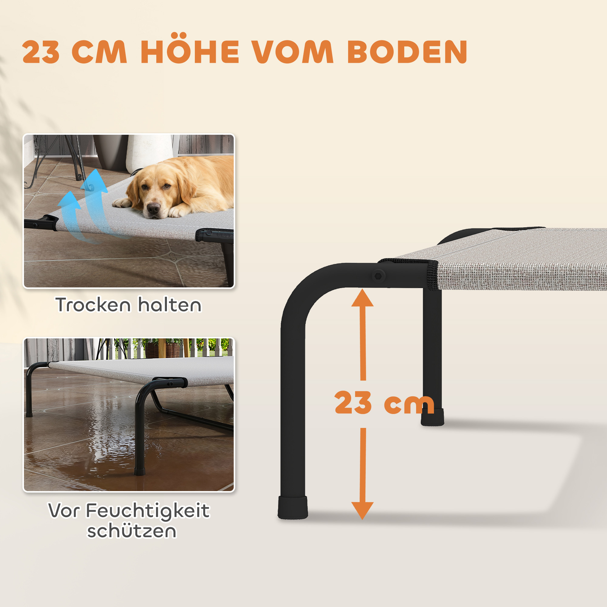 Hundeliege Outdoor, erhöhtes Hundebett für große Hunde, mit Stahlrahmen, atmungsaktiv Netzgewebe, 152x94x23 cm, Beige