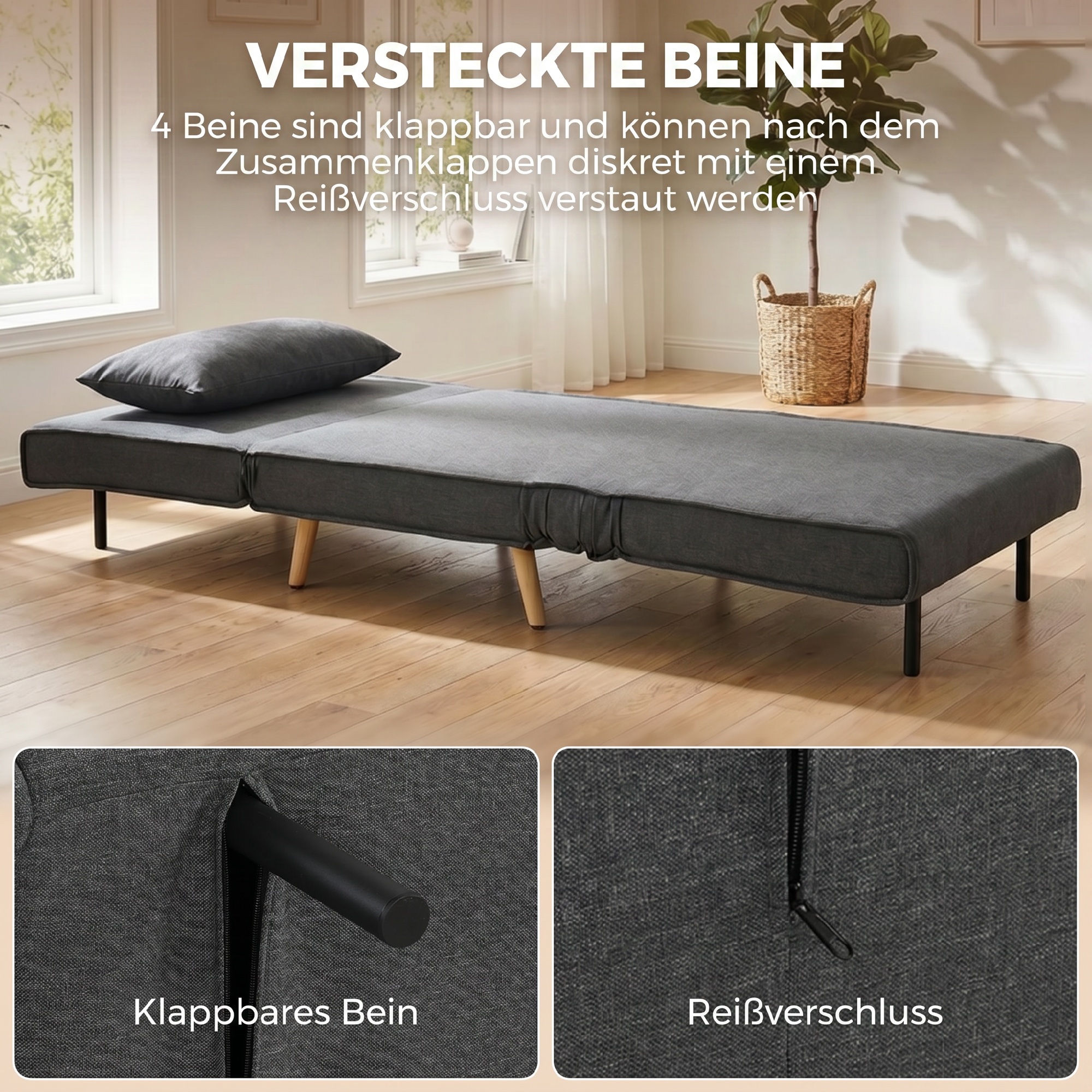 3-in-1 Faltbarer Schlafstuhl, Schlafsessel aus Leinenoptik mit verstellbarer Rückenlehne und dicker Polsterung, Grau