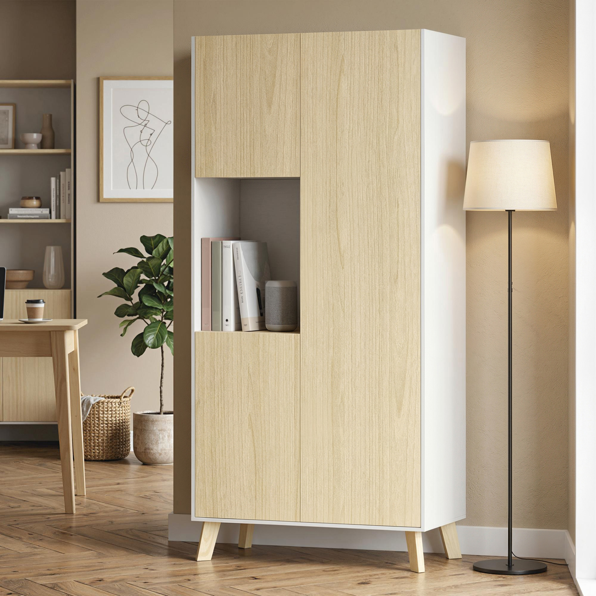 170 cm Küchenschrank, Moderner Schrank mit offenem Fach, verstellbaren Regalen, Naturholz-Optik