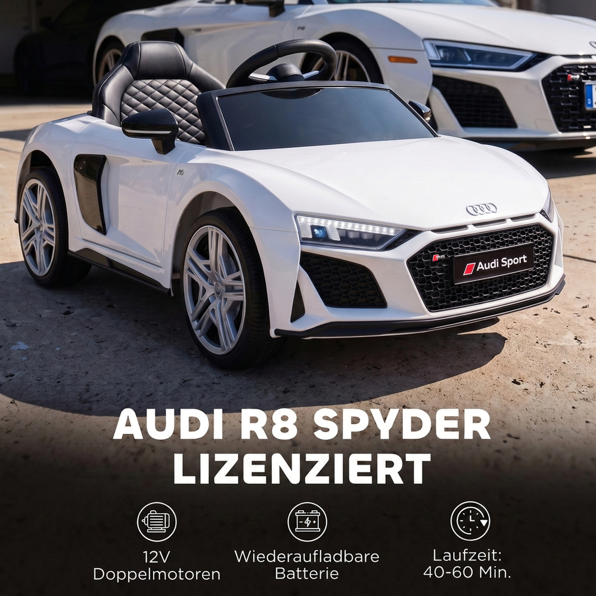 Kinder Elektroauto 12V Kinderauto mit Fernbedienung Lithium-Akku 2 Motor Sanftanlauf Hinterradfederung Weiß