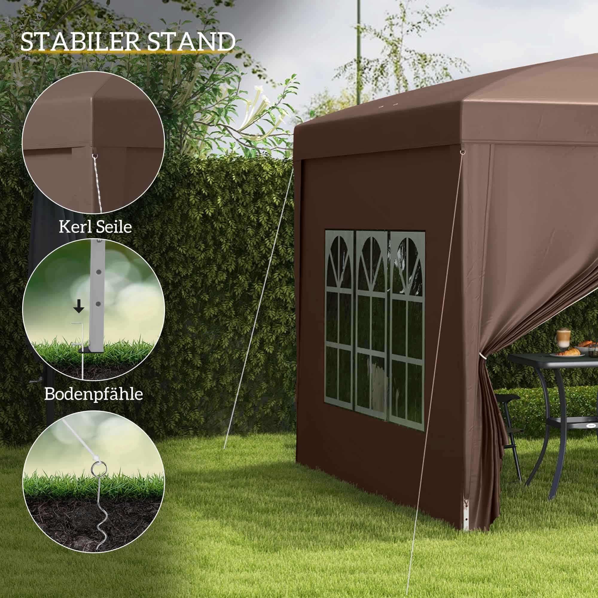 3 x 3 m Pavillon mit 4 Seitenwänden, Fenster, Festzelt mit UV-Schutz, Gartenzelt inkl. Tragetasche, Stahl, Kaffee