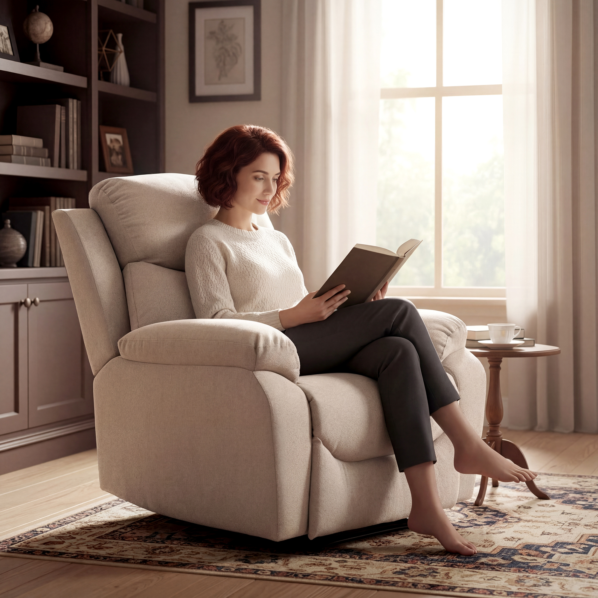 Manueller Relaxsessel, Moderner Sessel im Leinenstoff-Look mit dicker Polsterung, Gepolsterte Armlehnen und Fußstütze, Beige