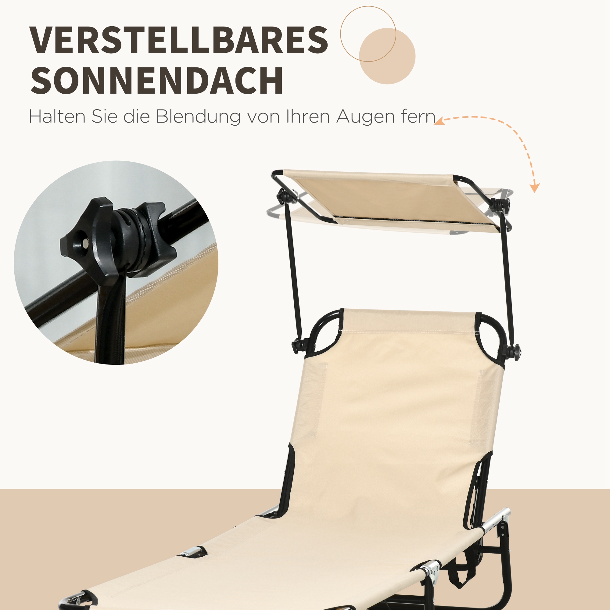 2er Set Sonnenliege klappbar Gartenliege mit Sonnendach 5-Fach höhenverstellbarer Rückenlehne Braun