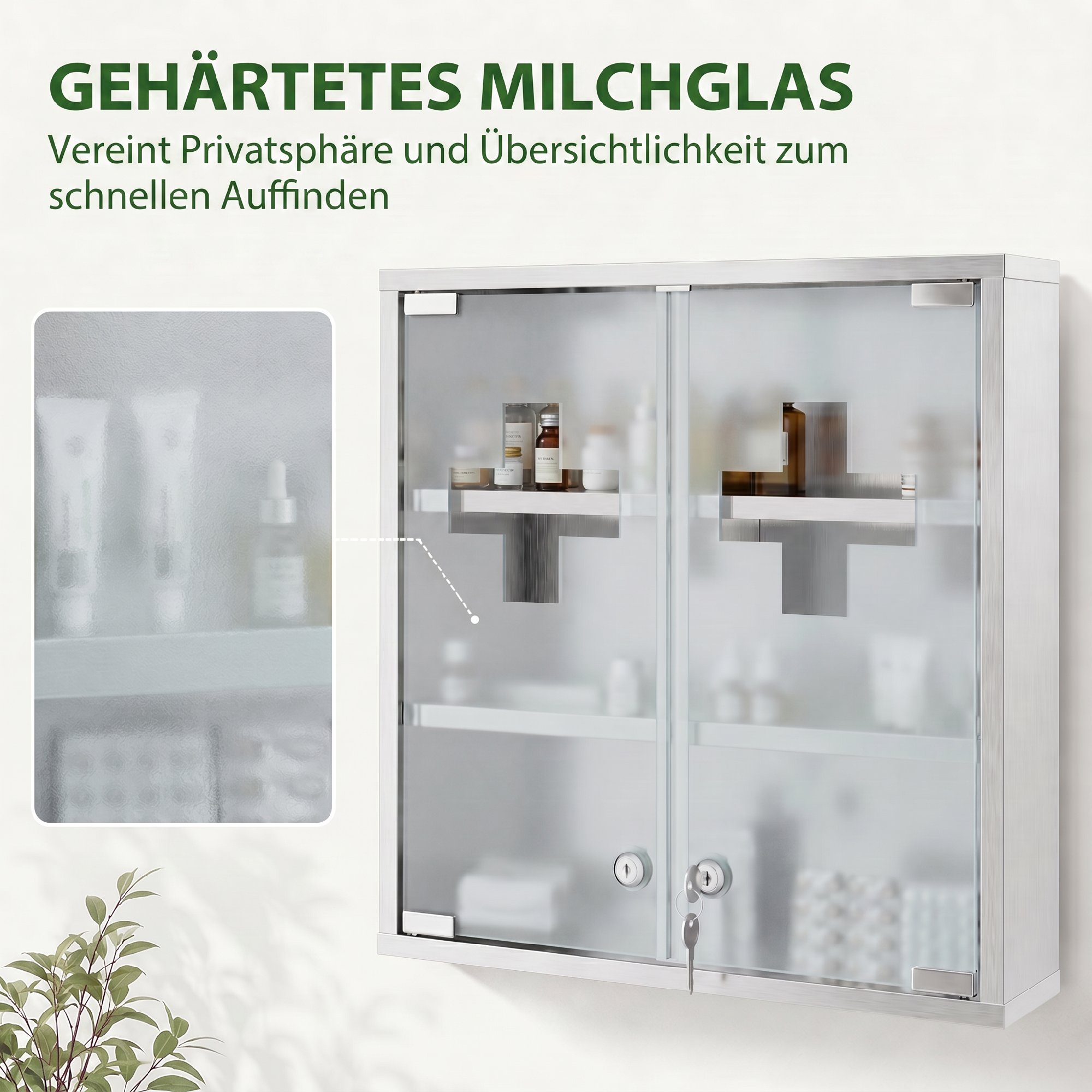 Medizinschrank, Abschließbarer Medikamentenschrank mit 2 Schlüsseln, Glastür und 6 Regalen, 48 x 46 x 12 cm, Silber