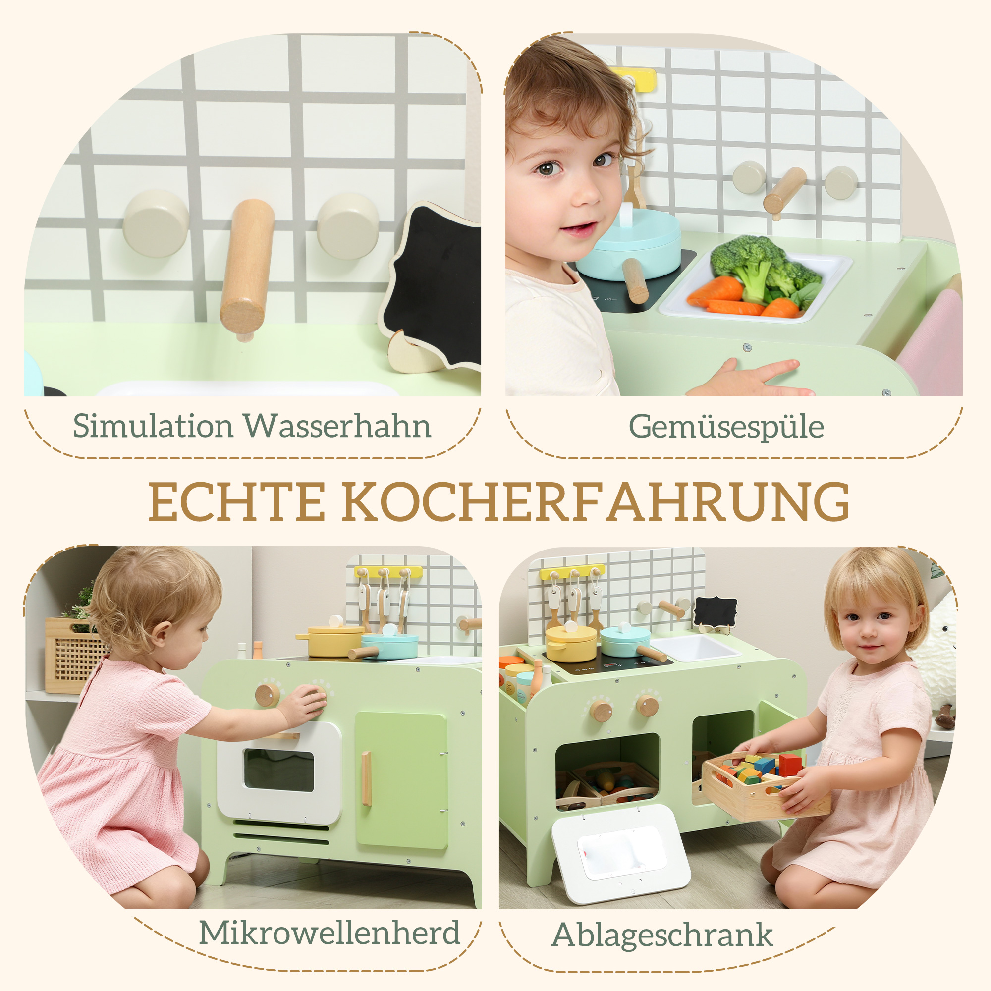 Kinderküchen-Spielset, MDF, 15 Zubehörteile, Schränke, 40 cm, ab 3 Jahren, Grün