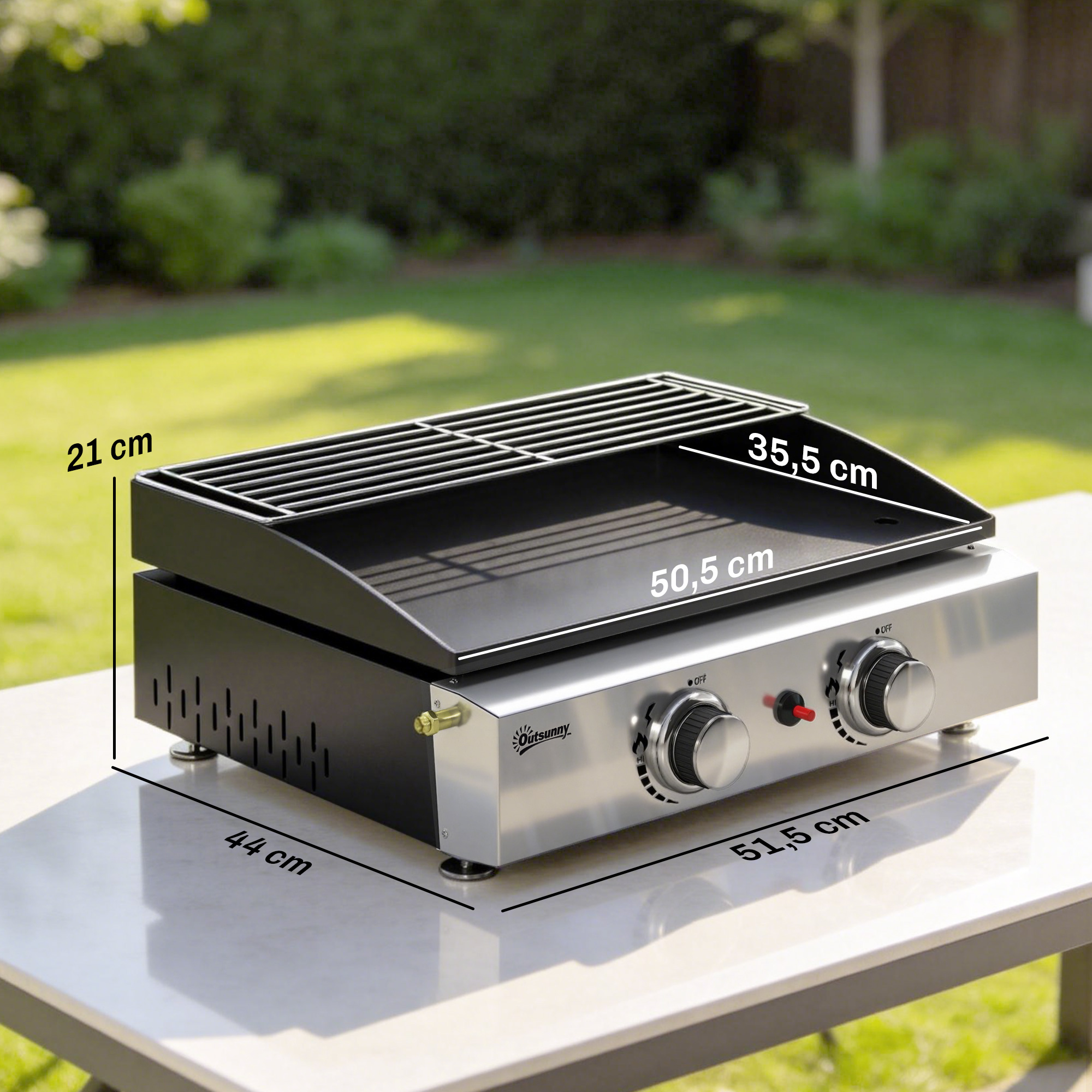 Gasgrill 5 KW Tragbarer Tischgrill mit 2 Brenner Keramische Lackbeschichtung Grillrost Warmhalterost