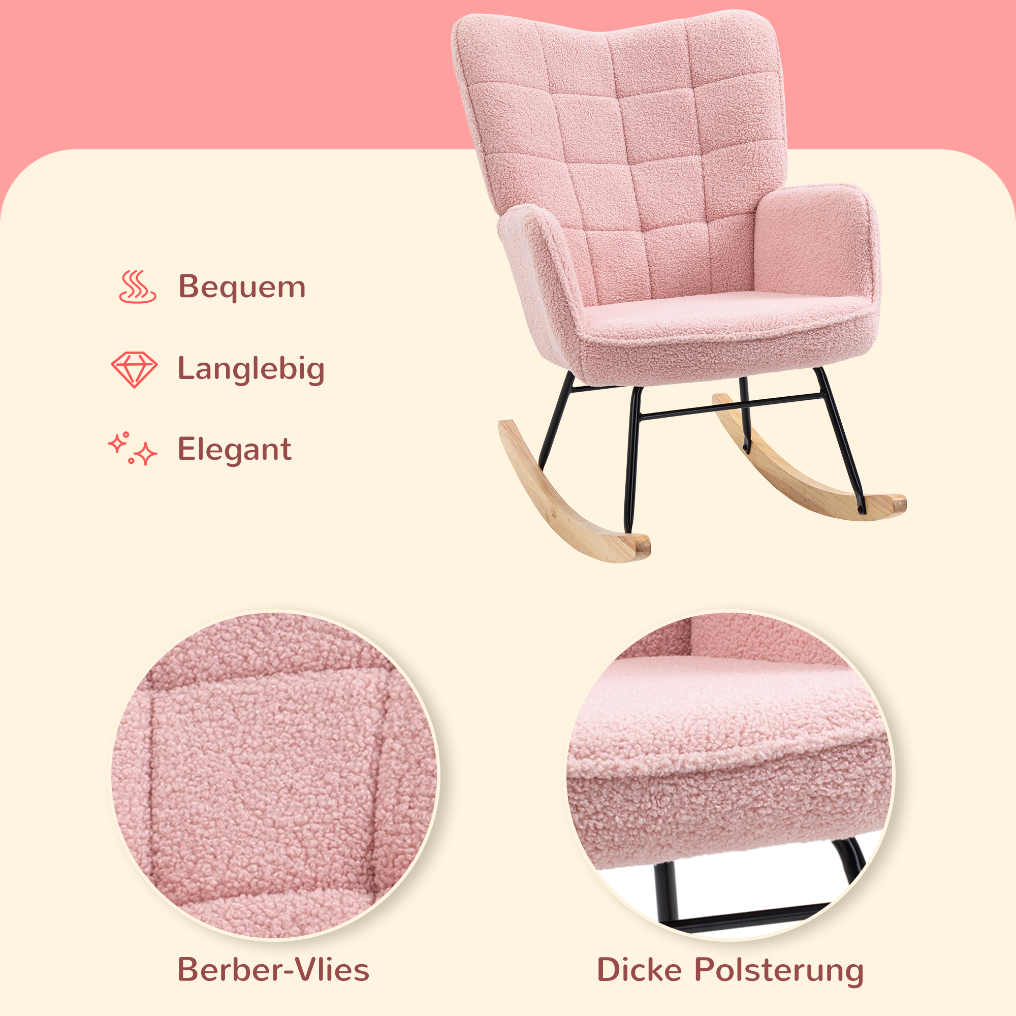 Schaukelstuhl im Retro-Design, Massivholz, Sessel, Relaxsessel, 98 cm x  71 cm x 101 cm, Rosa