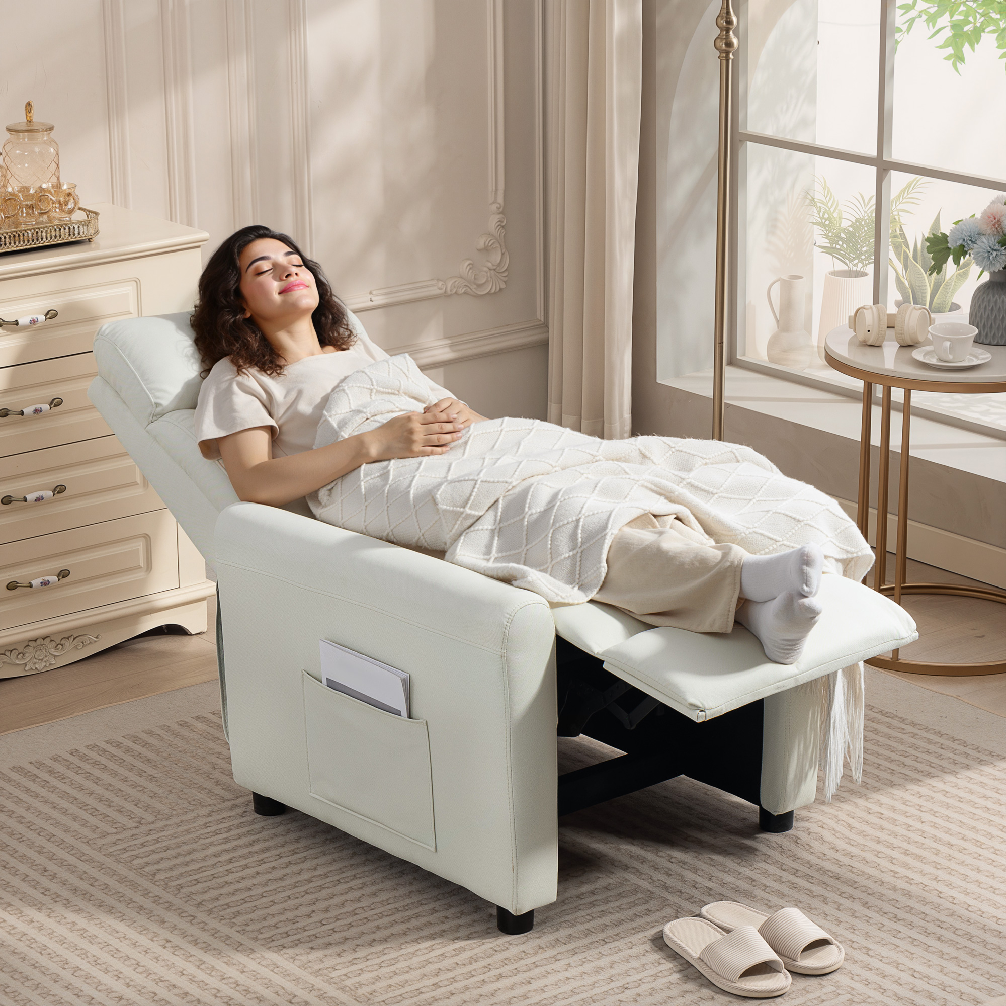 Relaxsessel Fernsehessel mit Liegefunktion, TV Sessel mit Taschenfedern, Fußstütze, Stoff in Leinenoptik, Cremeweiß