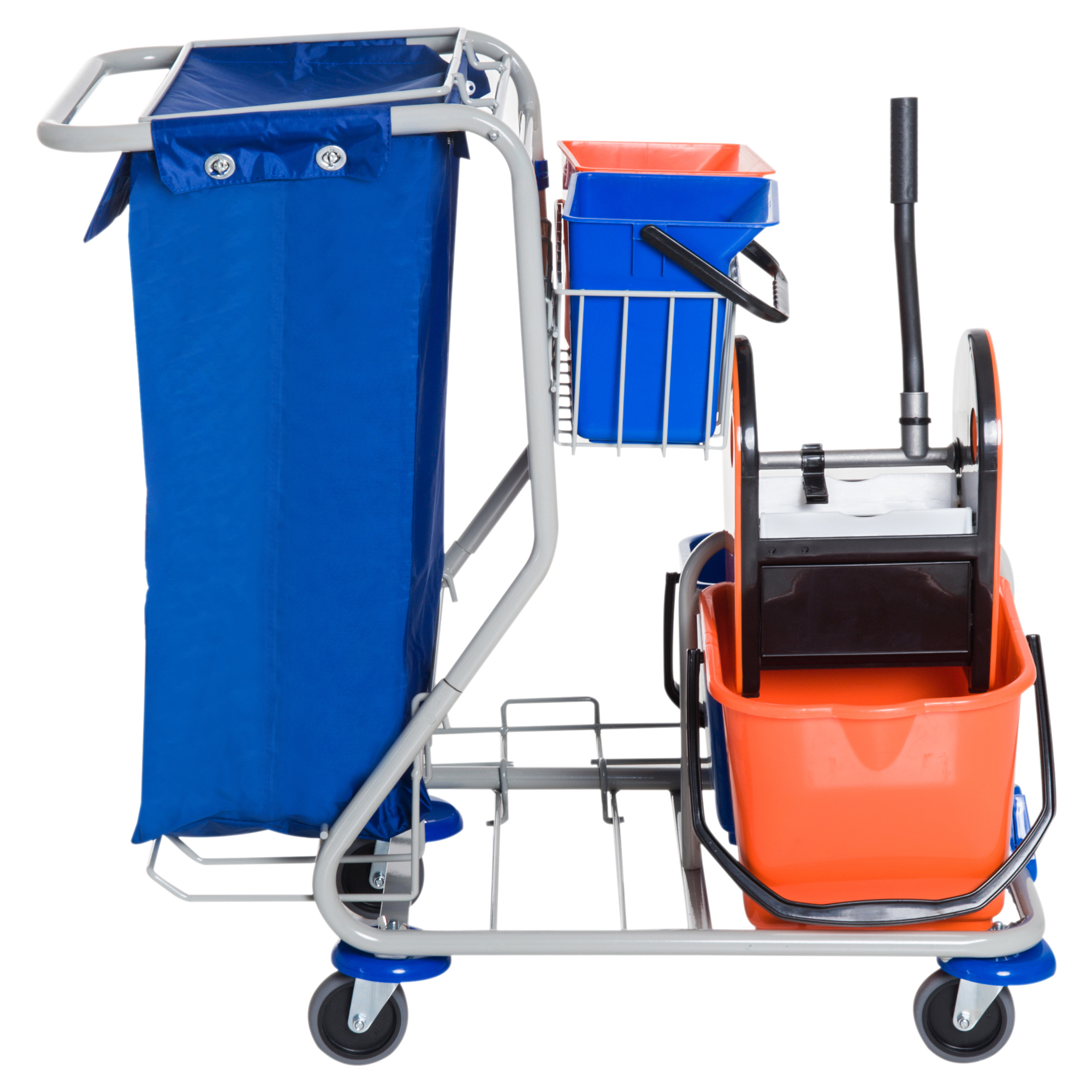 Putzwagen Reinigungswagen mit 2 x 18L & 2 x 6L Eimern Wischwagen Haushaltswagen mit Mopp-Presse, Aufbewahrungskorb, Blau Orange 93 x 80 x 97 cm