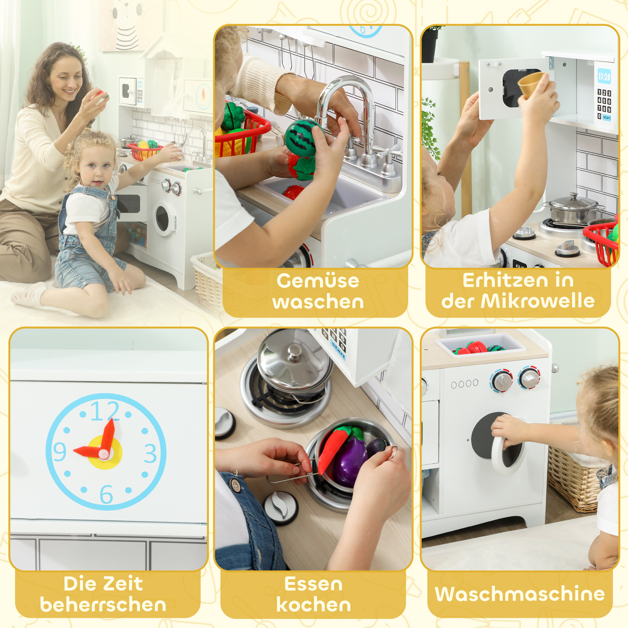 Kinderküche Spielküche mit Ofen Spüle Soundfunktion und Zubehör Geschenk für Mädchen Jungen 3-6 Jahren Weiß