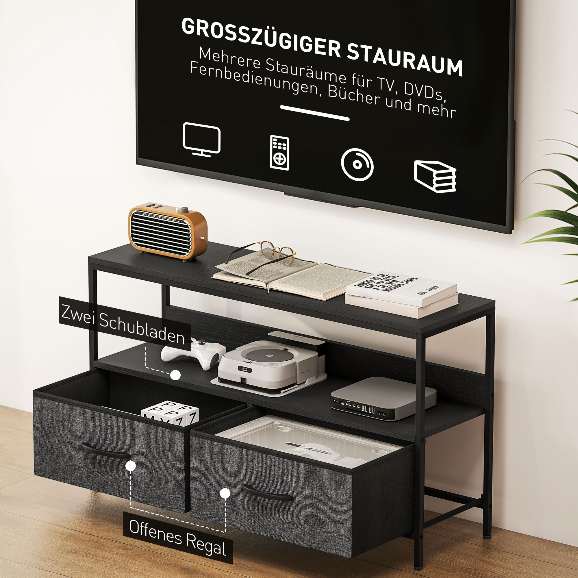 TV Schrank Lowboard mit 2 Schubladen, offenem Fach, für Fernseher bis 47 Zoll, 98 x 29 x 56 cm, Schwarz+Dunkelgrau