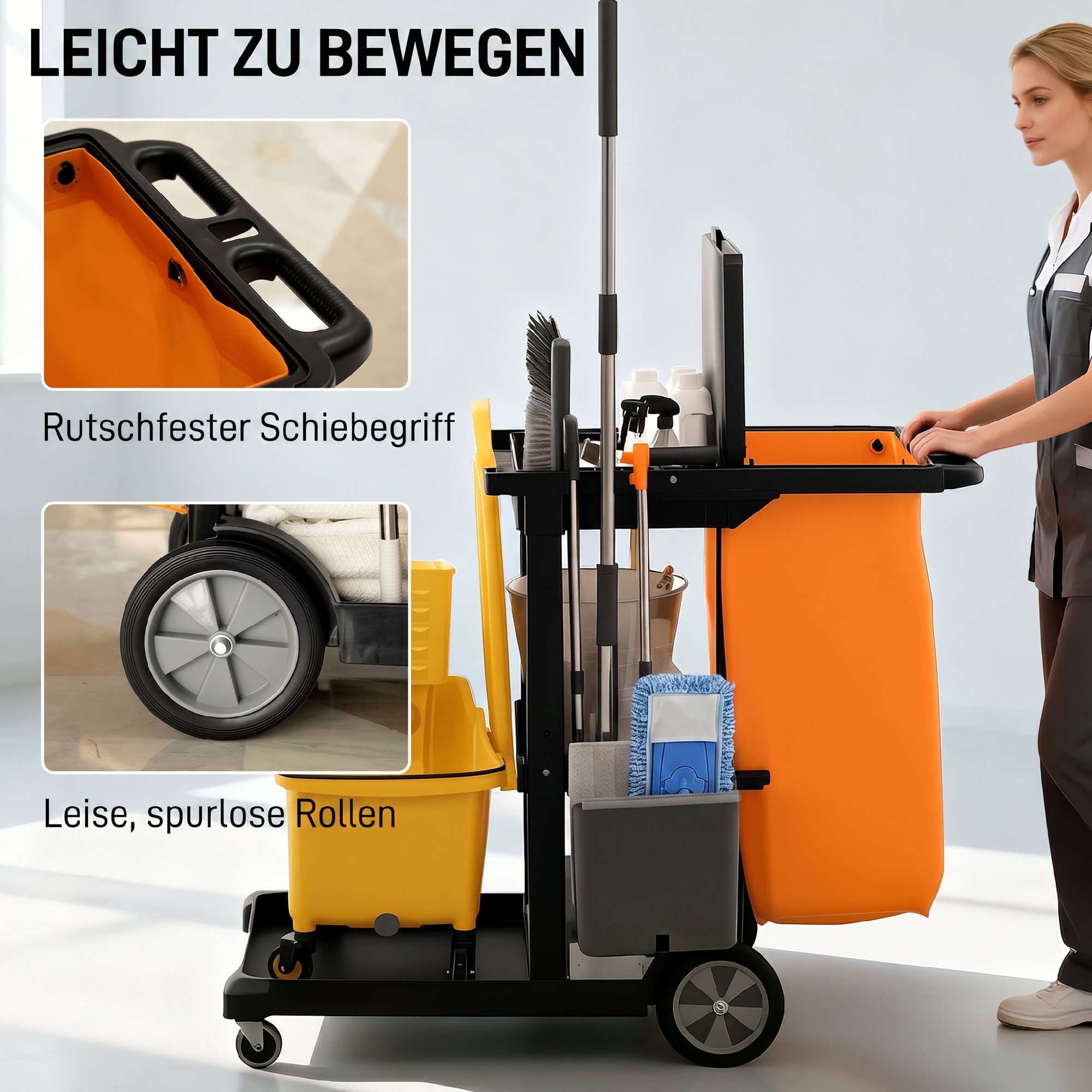 Reinigungswagen Putzwagen mit 3 Ablagefächern Wischwagen mit Müllsack mit Abdeckung, Rollen für Gewerbe