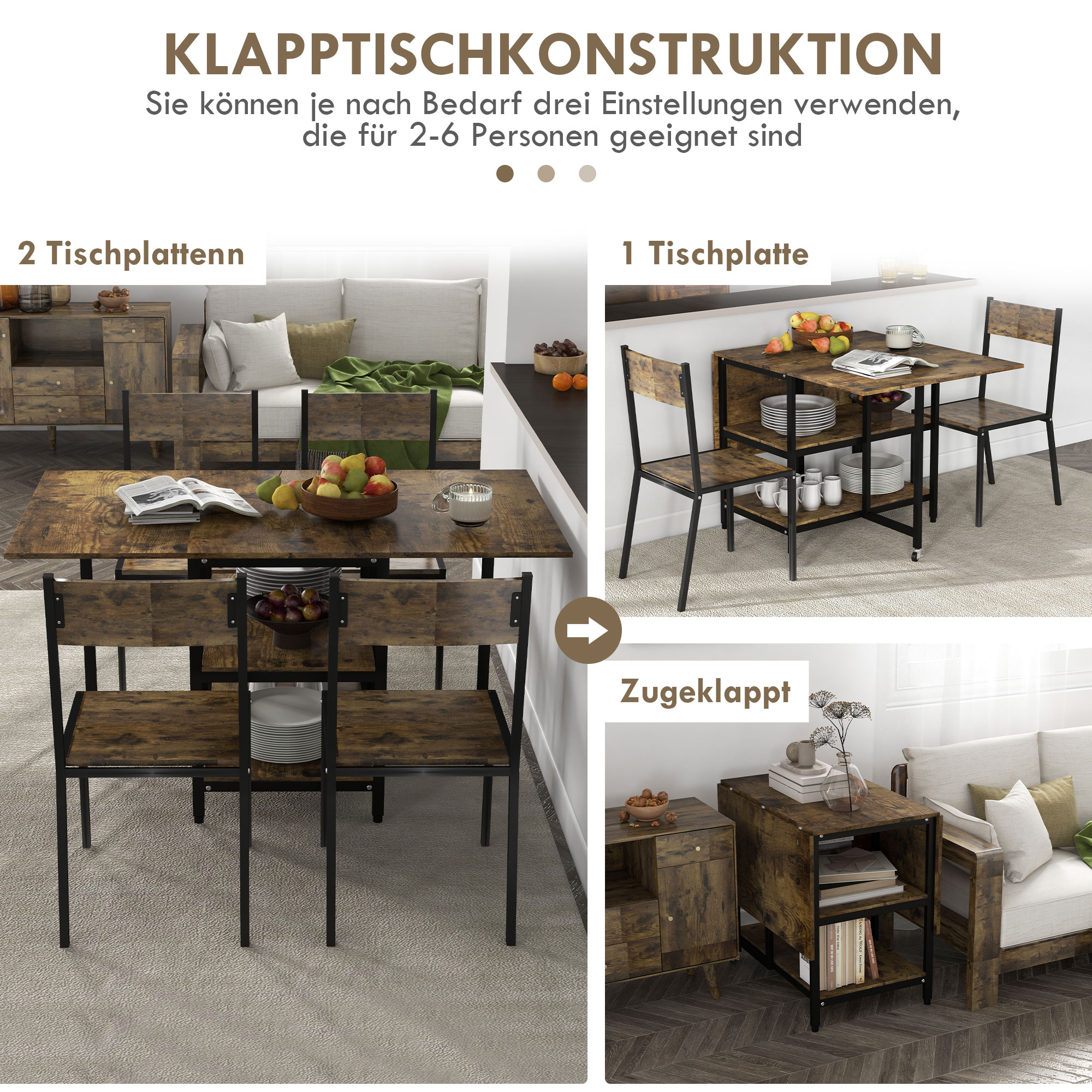 Esstisch Klapptisch klappbarer Esstisch, Industriedesign, 140 cm x 80 cm x 75 cm, Braun + Schwarz