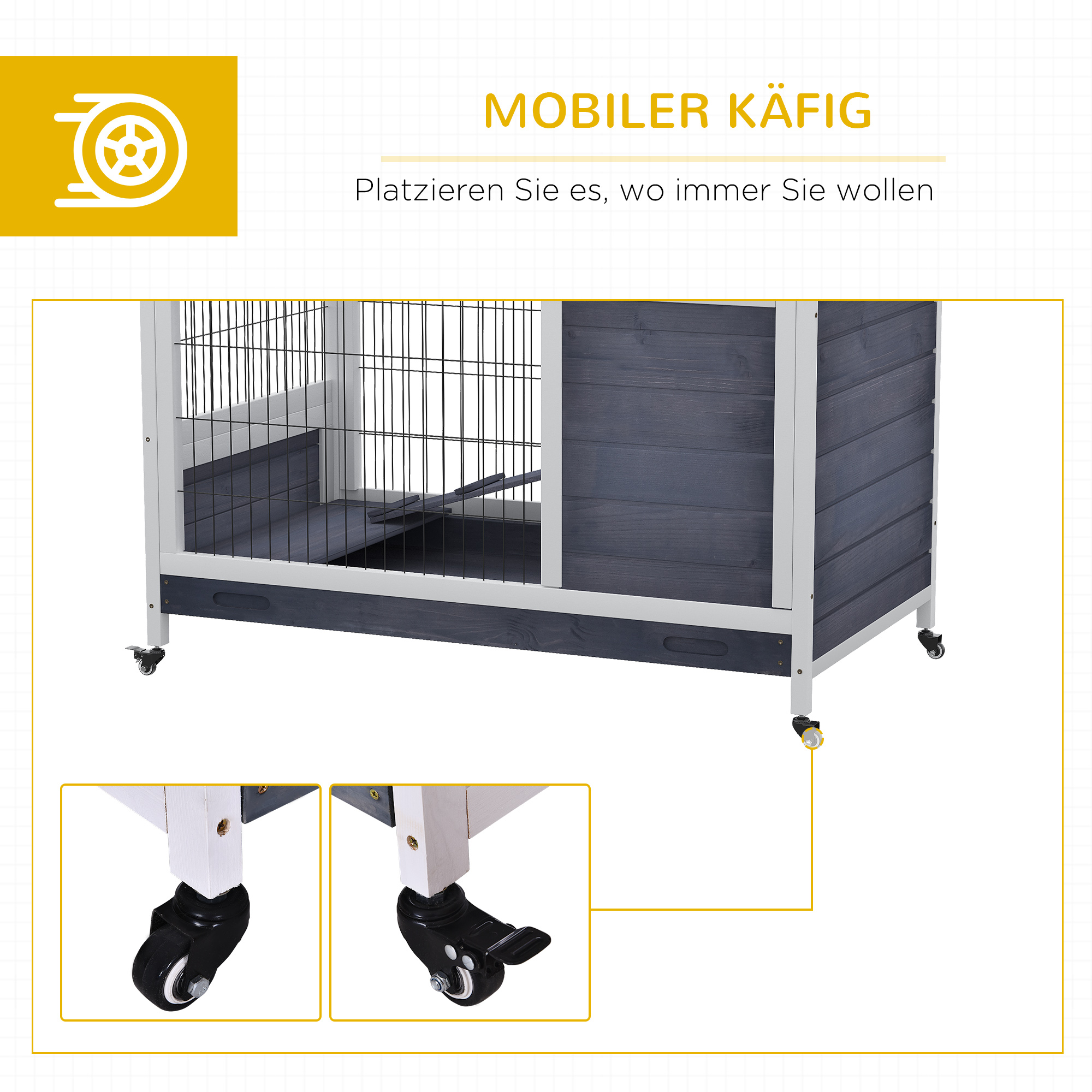 Kaninchenstall aus Holz Hasenstall mit Rädern Klappdach Rampe Ausziehbarem Tablett Winterfest Meerschweinchenstall Kleintierstall Kaninchenkäfig für Innen, draußen 90 x 53 x 59 cm Weiß
