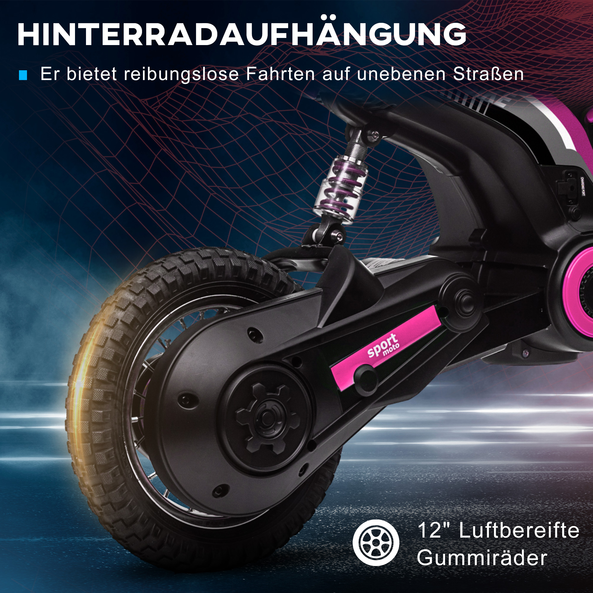 Elektro-Motorrad für Kinder, 24V Kindermotorrad mit Hupe, Leuchte, mit Drehgriff-Gashebel, 8-16 km/h, 8-12 Jahre, Rosa