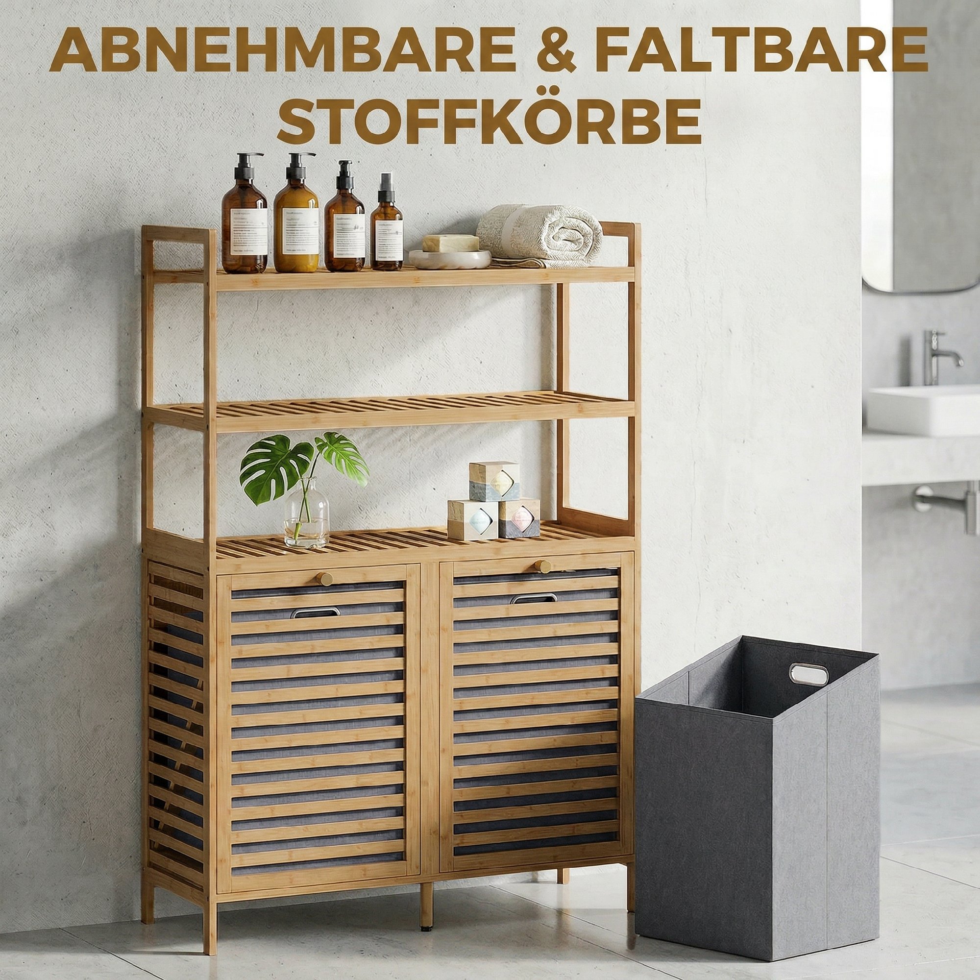 Doppel-Wäscheschrank mit Kippfunktion, freistehender Bambus-Schrank, 2 herausnehmbare Körbe, 3 Ablagefächer, Eiche