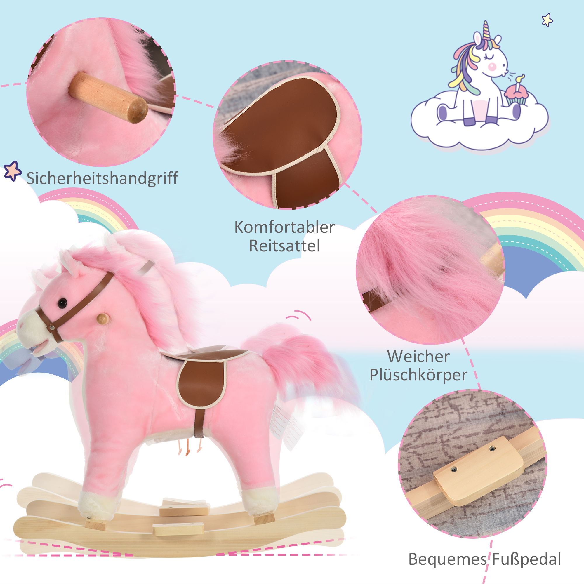 Kinder Schaukelpferd Baby Schaukeltier Pferd mit Tiergeräusche Spielzeug Haltegriffe für 36-72 Monate Plüsch Rosa 65 x 32,5 x 61 cm