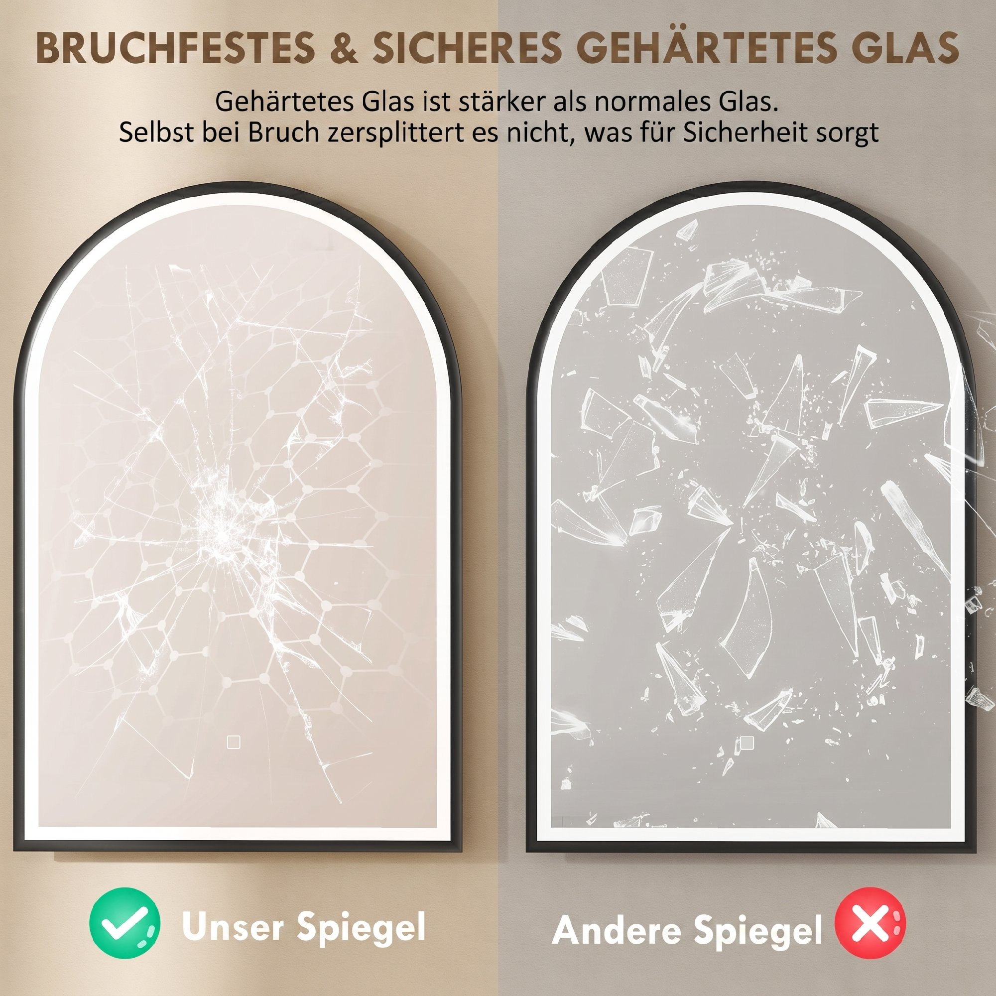 LED Badezimmerspiegel 60 x 90 cm mit Beleuchtung, Front- & Rückbeleuchtung, Memory-Funktion, Touch-Schalter, Schwarz