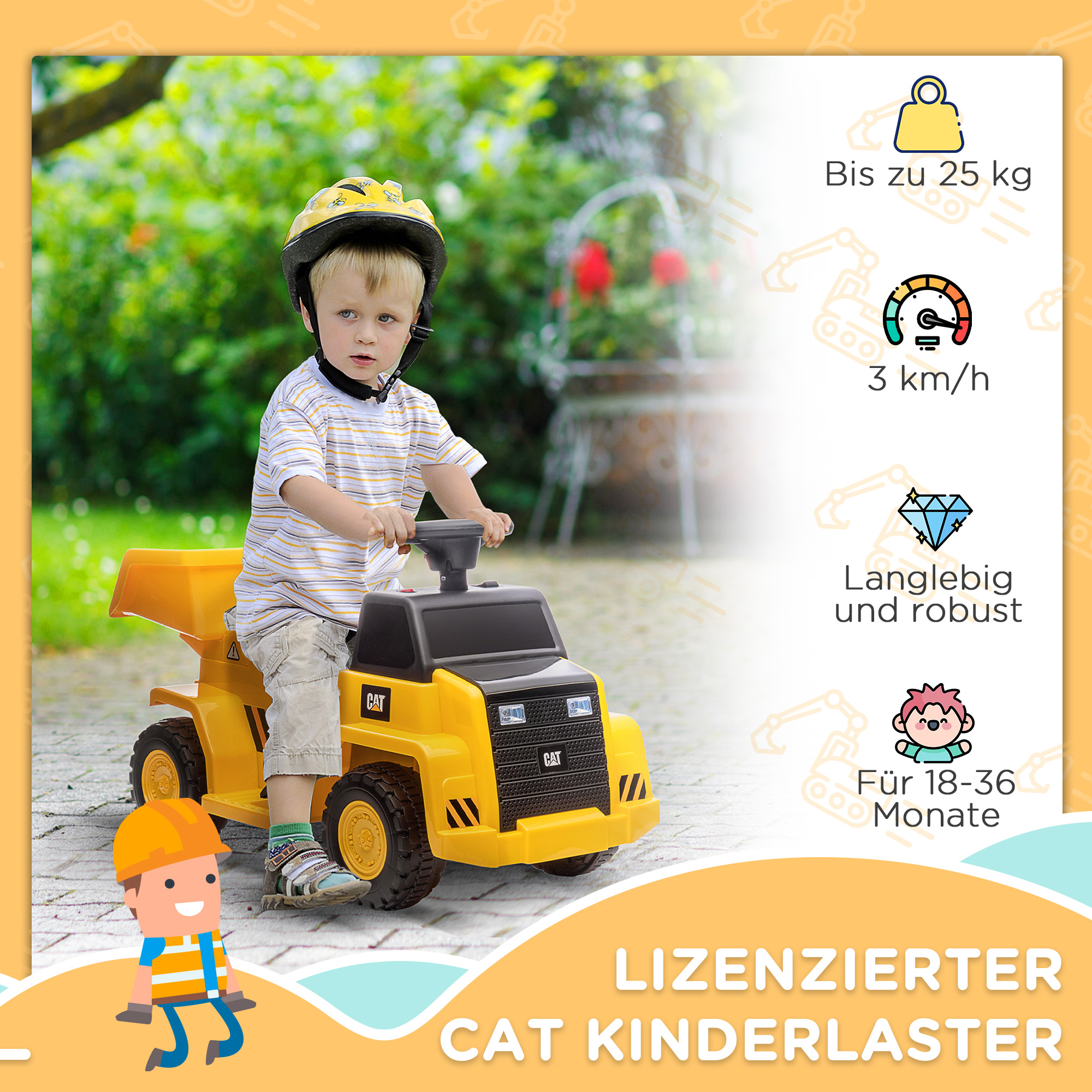 Elektro-Kipplaster für Kinder, kippbare Ladefläche, max. 3 km/h, Scheinwerfer, Hupe, gelb, 74,5 x 36 x 43,5 cm