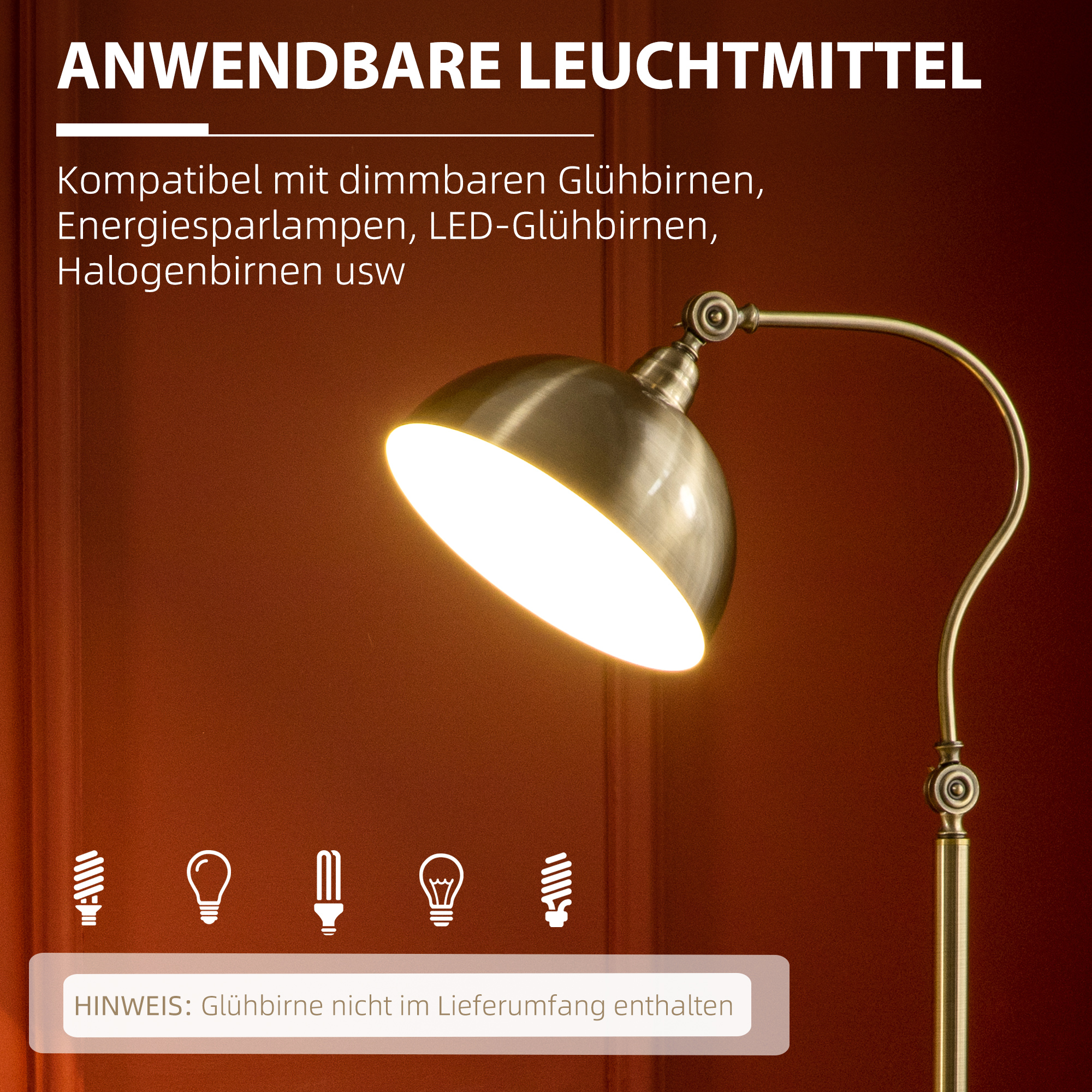Stehleuchte im Vintage-Design, verstellbarer Winkel, Messing-Look, 42 cm x 25,5 cm x 152 cm, Bronze