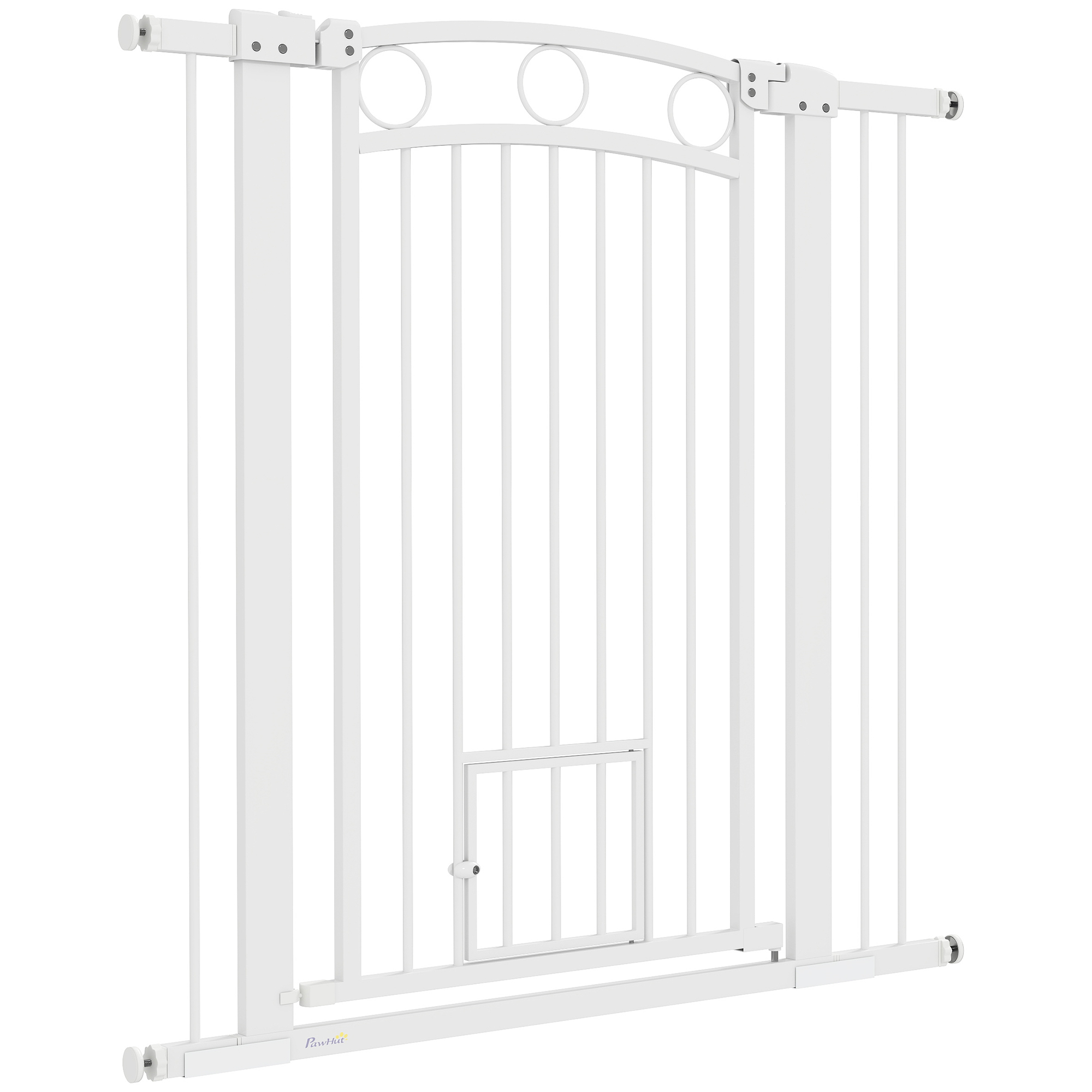 106 cm hohes Haustiergitter mit anpassbarer Breite, integrierte Katzentür, für Treppen und Türrahmen, Weiß 106 cm hohes Haustiergitter mit anpassbarer Breite, integrierte Katzentür, für Treppen und Türrahmen, Weiß