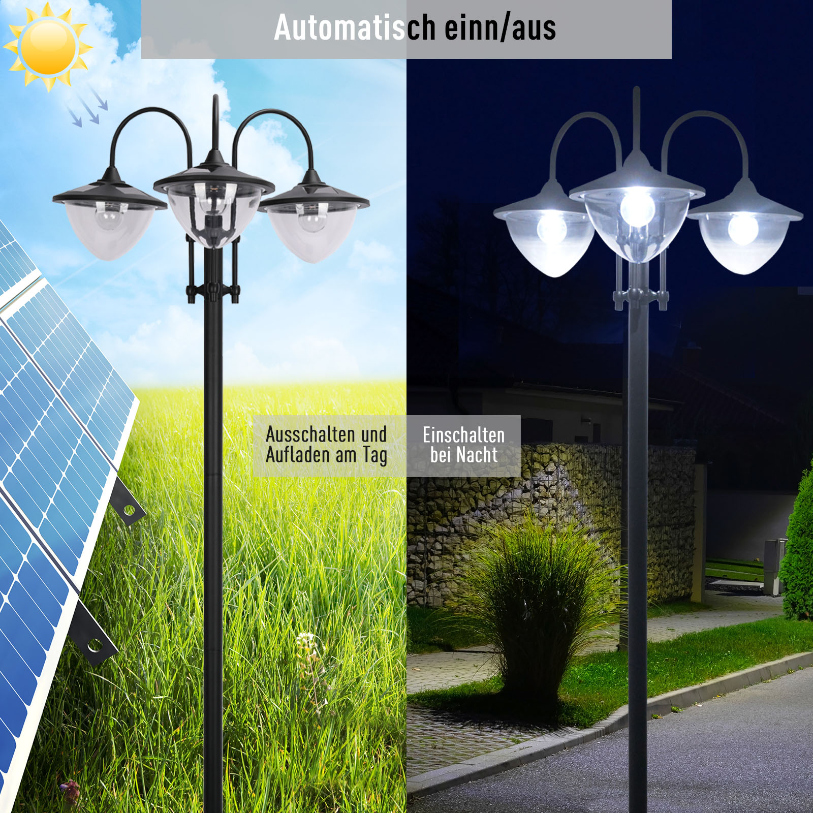 Solar Laterne Stehleuchte aus Metall, Gartenlaterne mit Lichtsteuerung, 189 cm hoch, Windlicht Außenleuchte, Wasserdicht IP44 mit Blumentopf-Basis für Garten Balkon Deko Schwarz