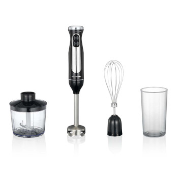 Stabmixer-Set | 600 W | 2 Geschwindigkeiten | Variable Geschwindigkeitseinstellung | Mini-Zerkleinerer | Schneebesen | Edelstahlschaft und -klingen | Edelstahl / schwarz