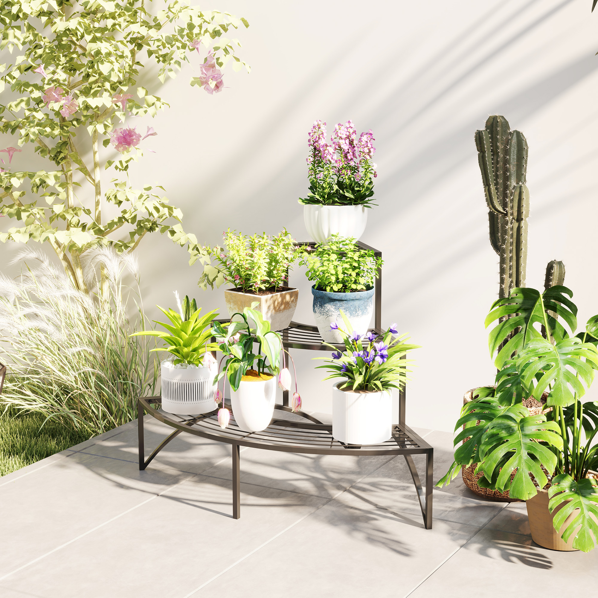 Eckpflanzenständer, Blumenständer mit 3 Ebenen, Metall, für drinnen und draußen, Blumentopfständer, Schwarz