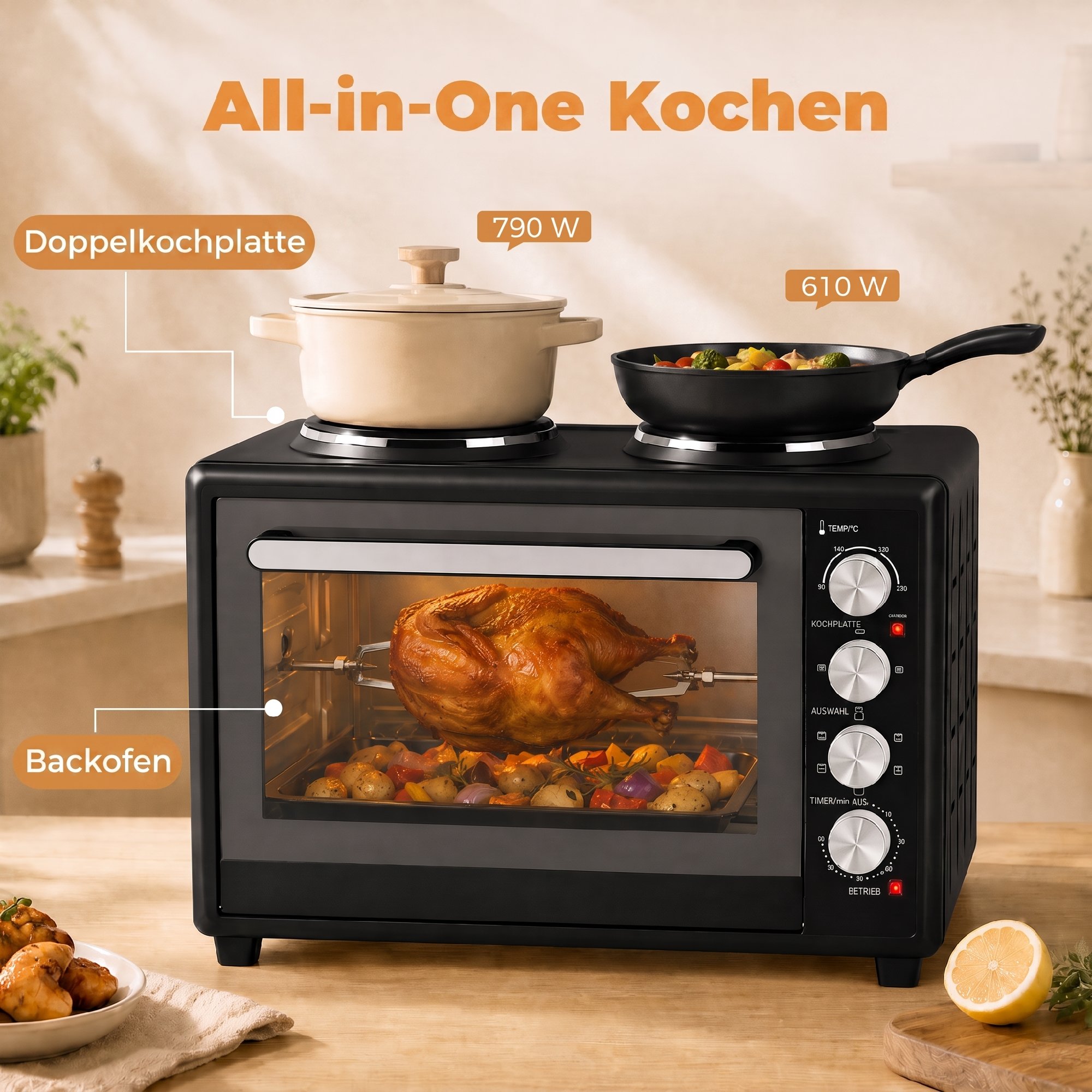 36L Mini-Backofen mit 2 Kochplatten, elektrischer Tischbackofen mit Umluft, 90–230 °C