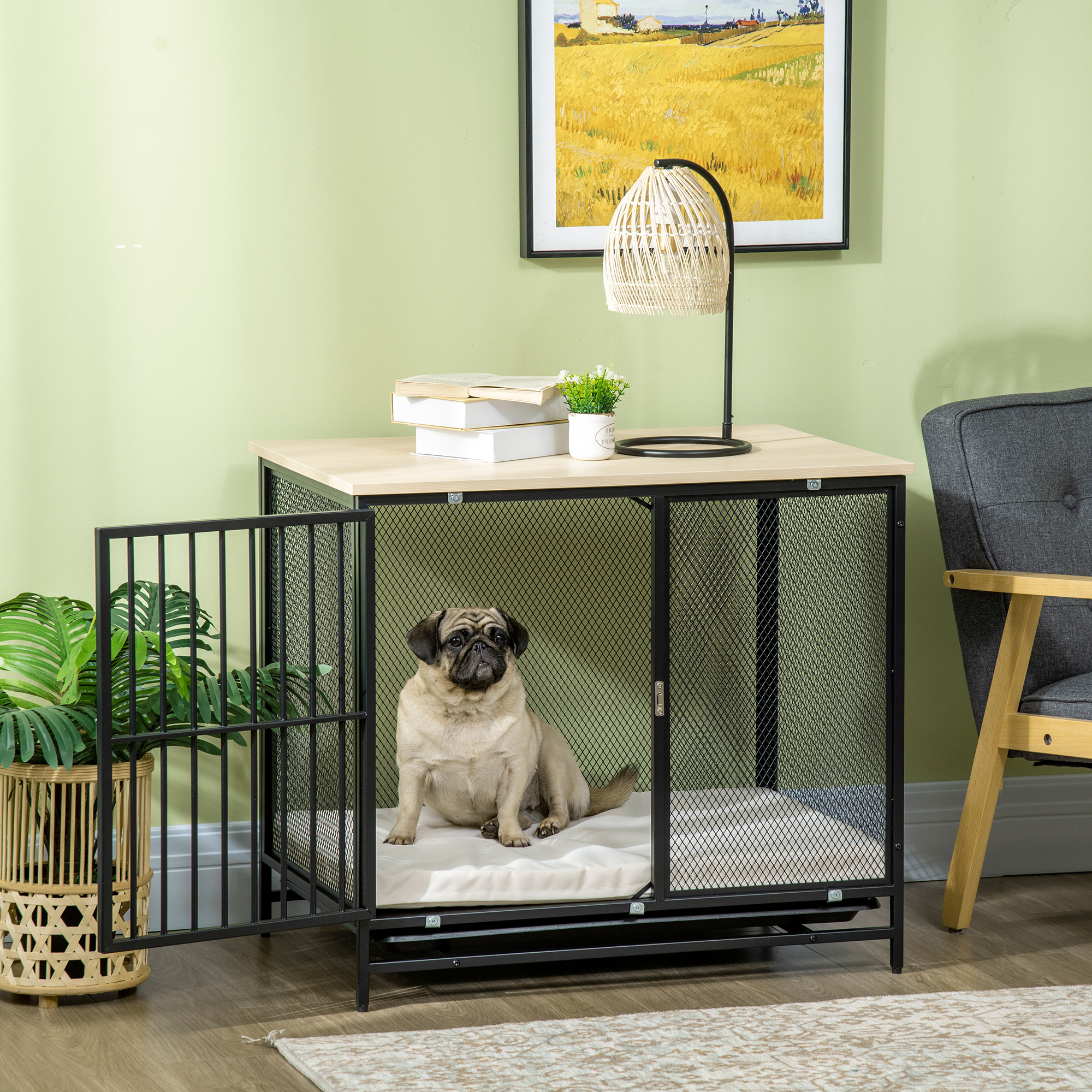 Hundekäfig, Hundebox, wasserabweisende Matte, herausnehmbare Bodenwanne, verriegelbar, Schwarz, 80 x 55 x 71 cm