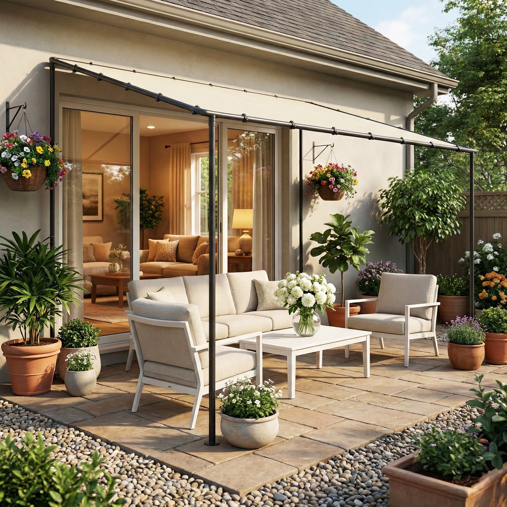 Anbaupavillon Pergola mit Metallgestell Dach, wetterfest wandmontiert Pavillon Vordach, 3 x 1,8 x 2,3 m Cremeweiß