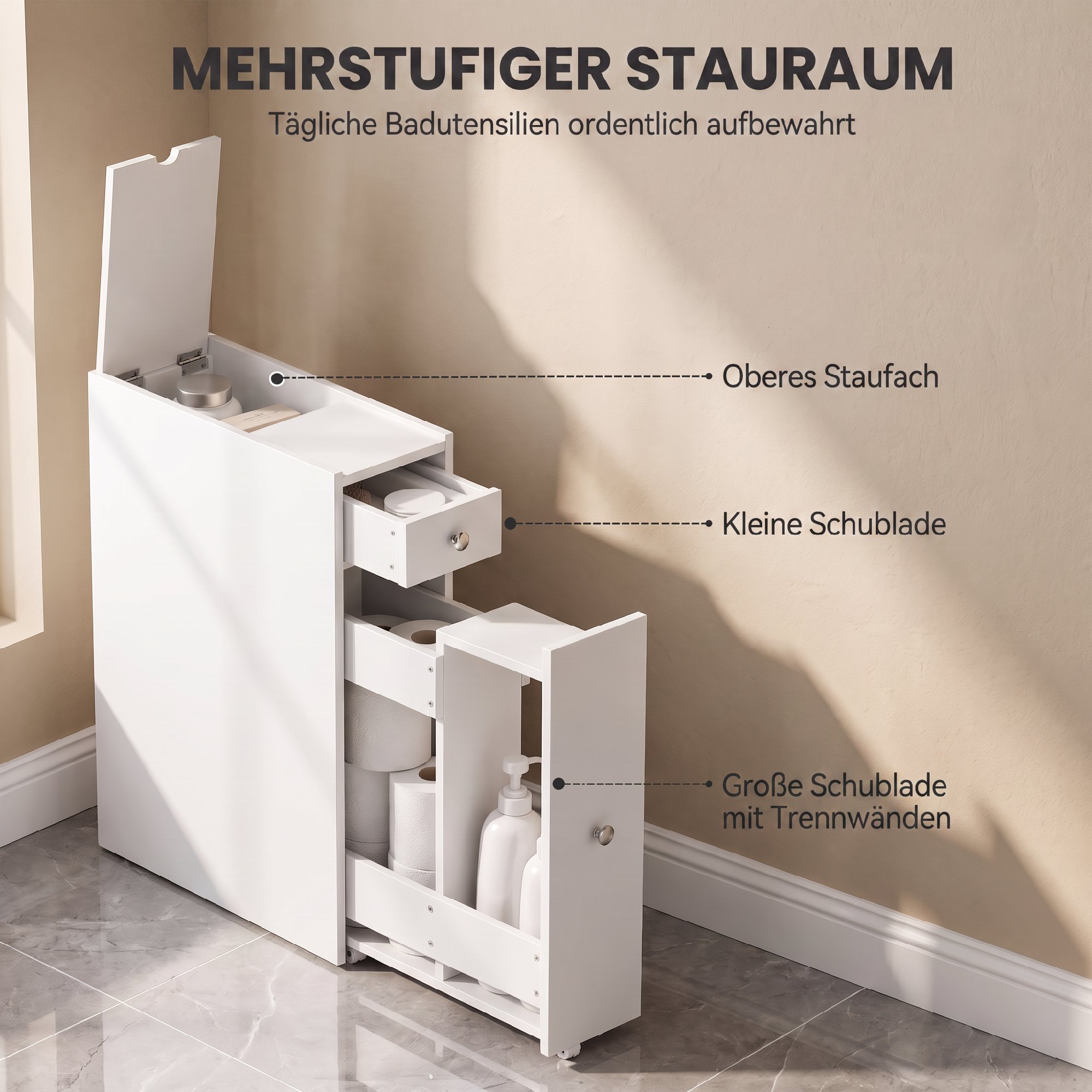 schmaler Badezimmerschrank, Badschrank stehend mit 2 Schubladen, Weiß