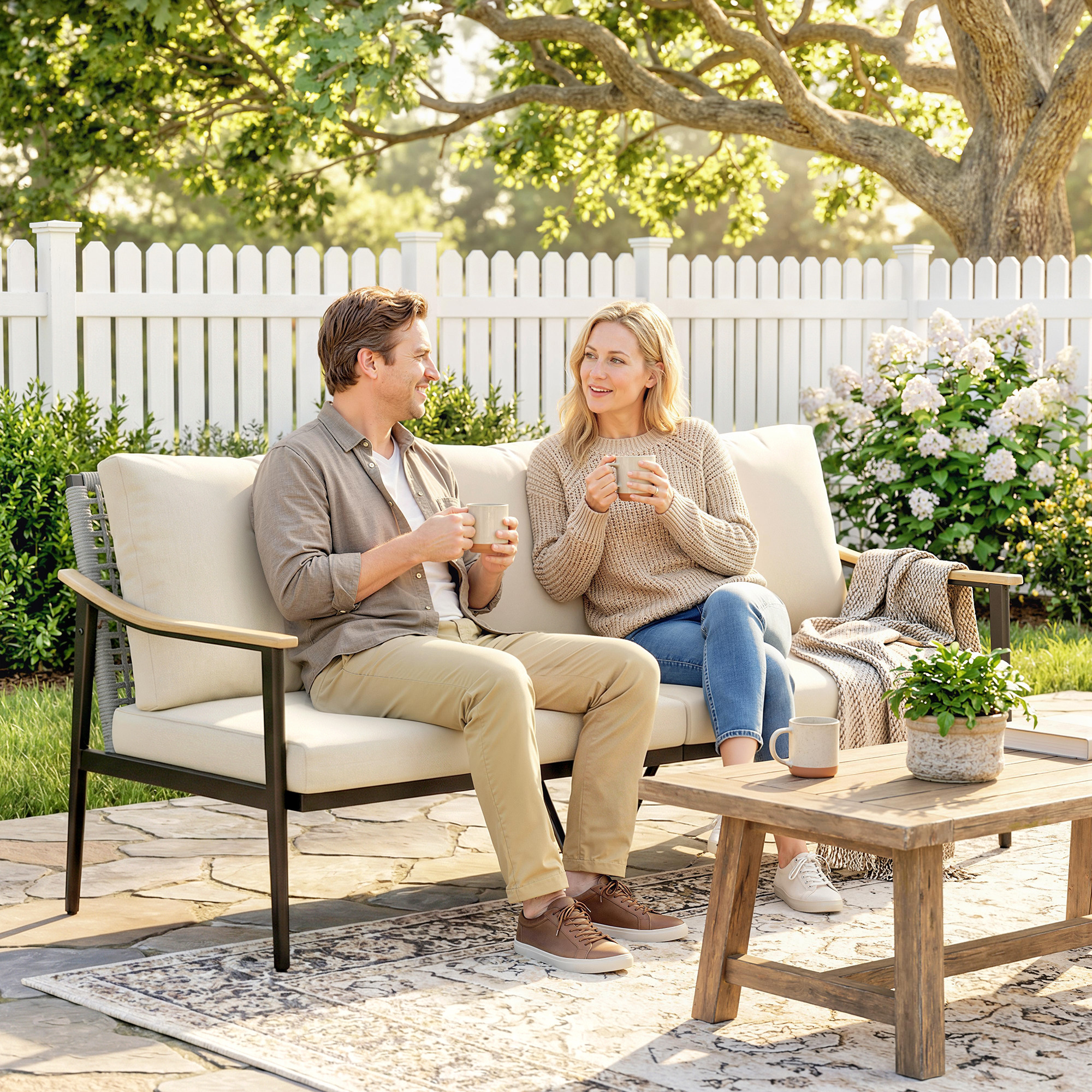 Gartensofa 3-Sitzer Rattan Loungesofa mit abnehmbar Kissen Holzoptik-Armlehnen Stahlrahmen Khaki