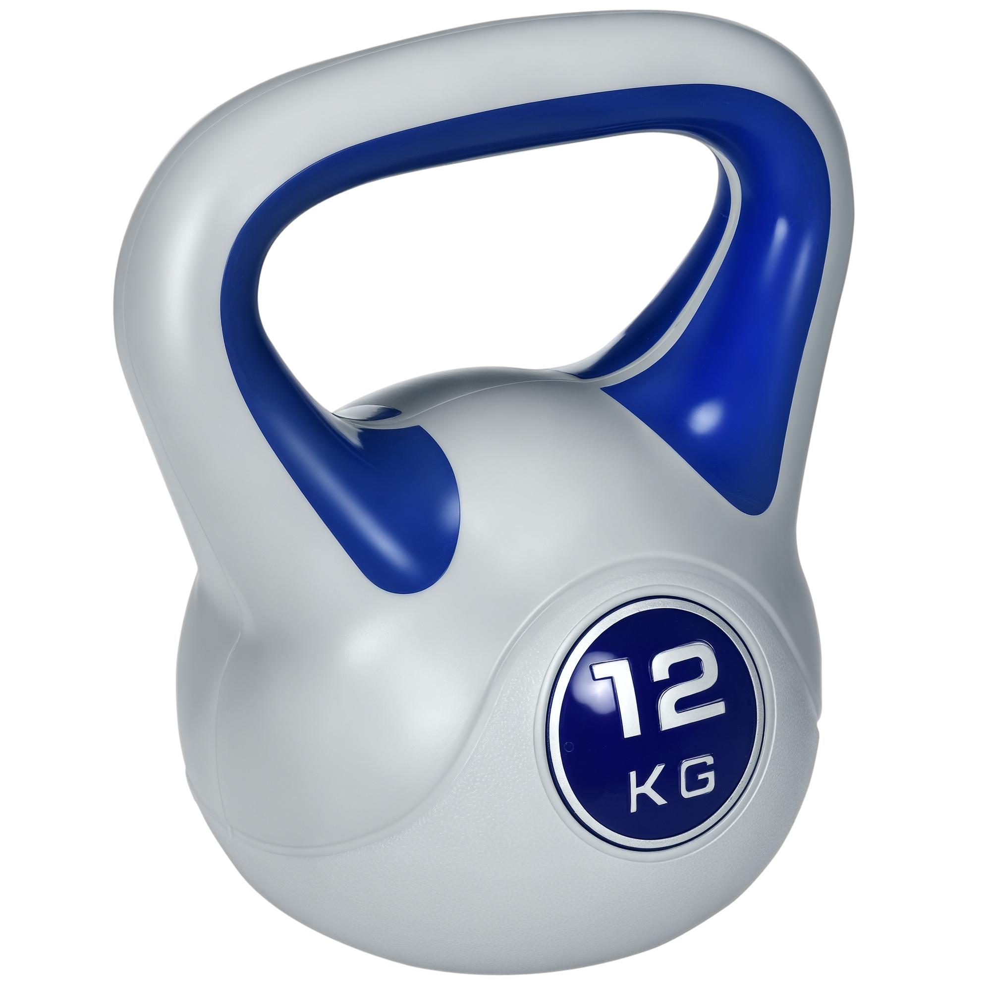 Kugelhantel, Kettlebell, 12 kg, flache Unterseite, großer Griff, Kunststoffmantel, blau, 24 x 17 x 28 cm