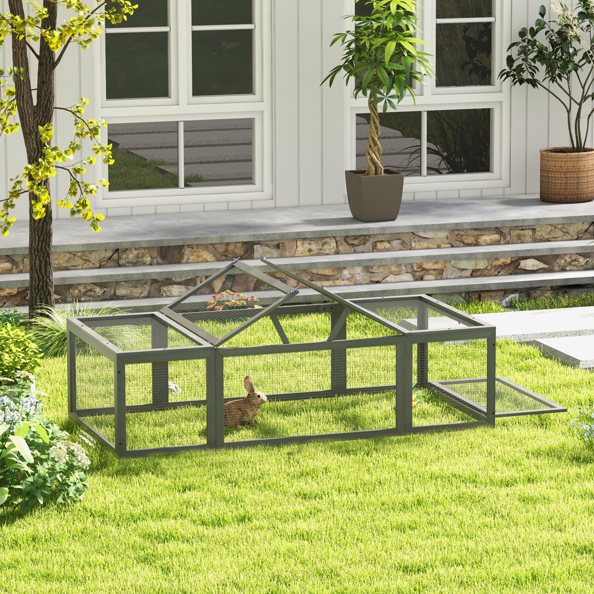 Freilaufgehege für Kleintiere Aufklappbares Dach Tannenholz Grau