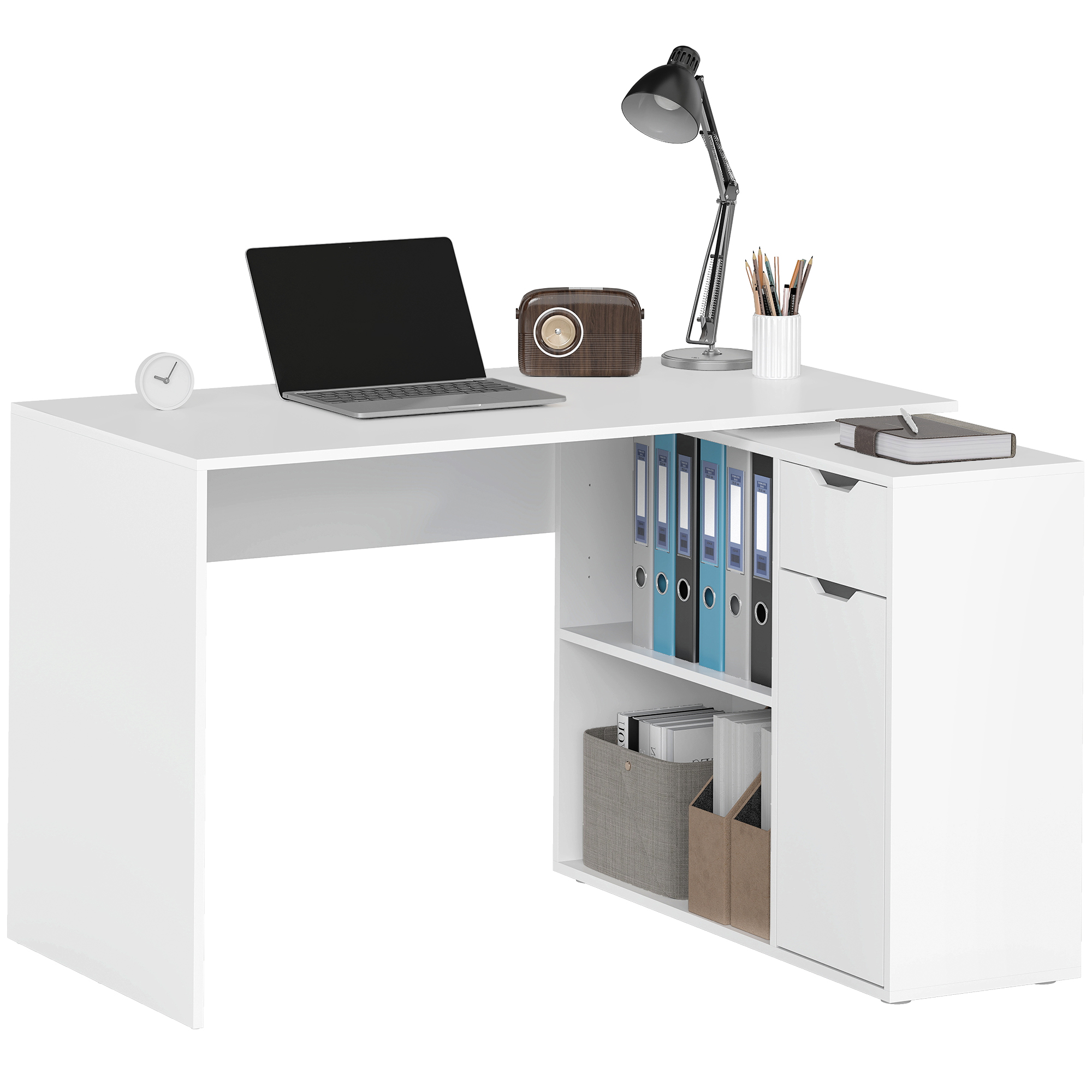 Flexibler Schreibtisch, 2-stufiger Schrank, Schublade, offene Fächer, Holz, Weiß Flexibler Schreibtisch, 2-stufiger Schrank, Schublade, offene Fächer, Holz, Weiß