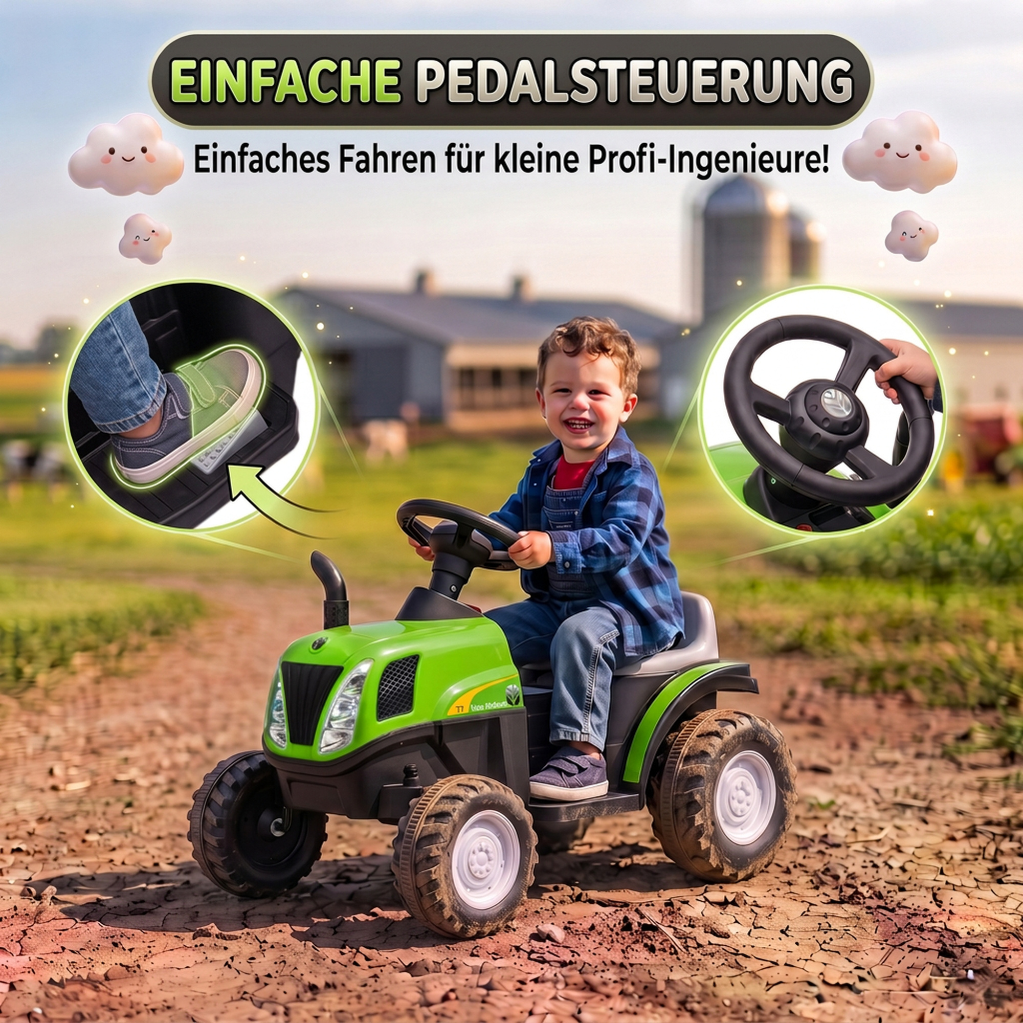 Kinder Traktor mit abnehmbar Anhänger Aufsitztraktor mit Lithium-Akku Fußpedal, Musik, Hupe Licht, Grün
