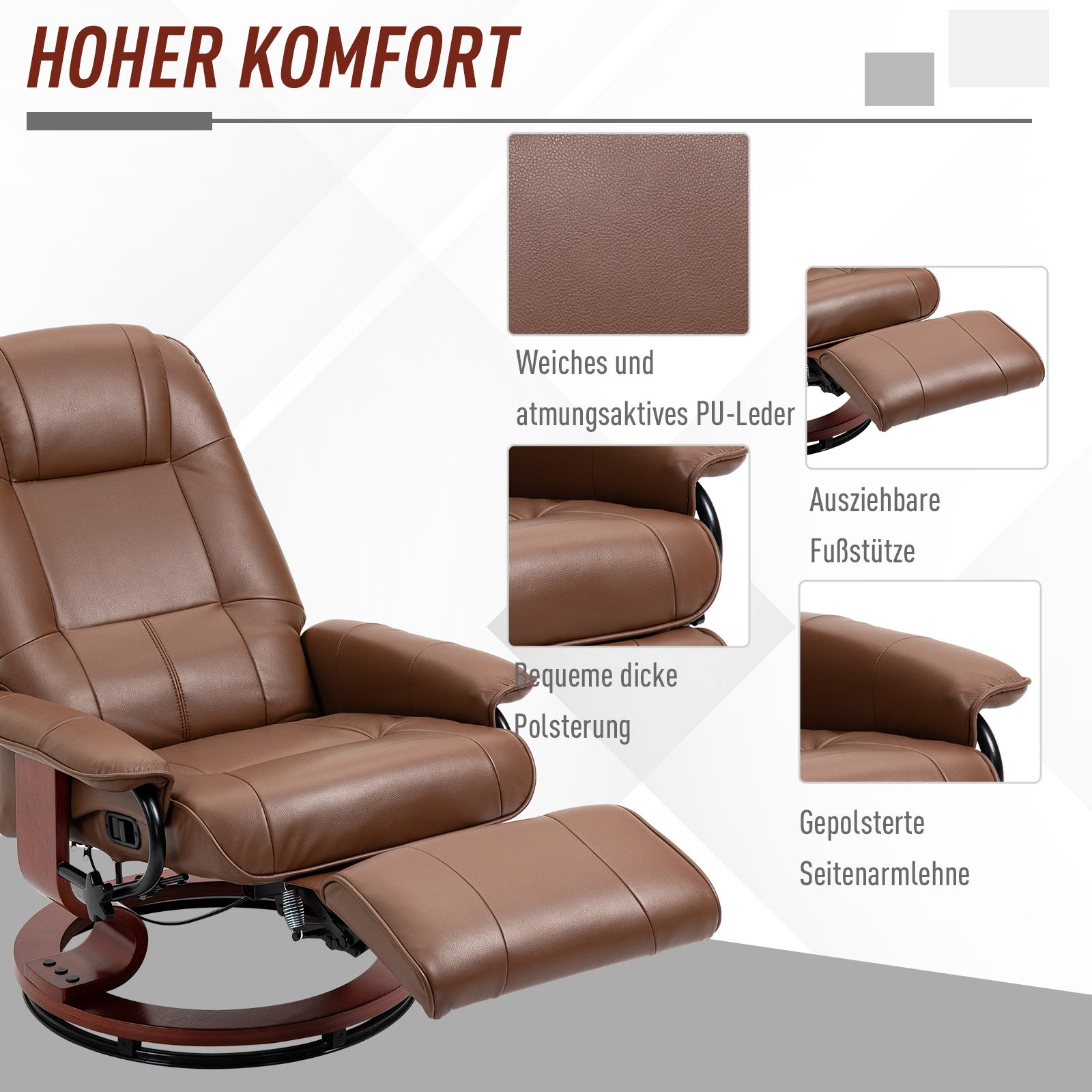 Relaxsessel, 145° neigbar, verstellbare Fußstütze, Kunstleder, 360° drehbar, bis 120 kg, Braun