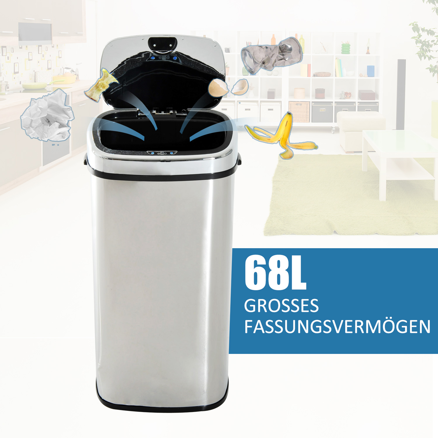 Sensor Mülleimer 68L Automatik Mülleimer mit Bewegungssensor, Wasserdichter Abfalleimer für Büro, Schlafzimmer, Küchen Edelstahl Silber