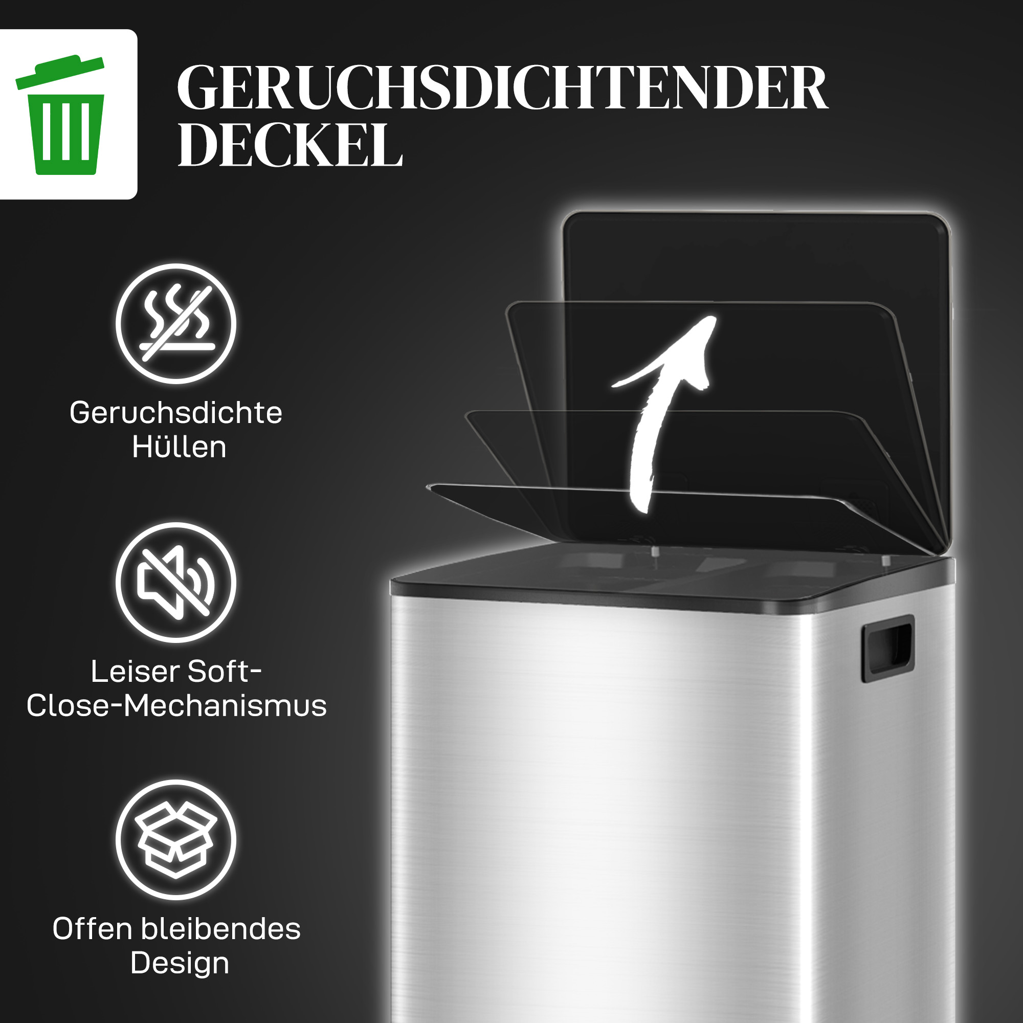 Mülleimer mit 2x20l Fächern, Soft-Close-Deckel, Fingerabdrucksicher, Edelstahl, Silber