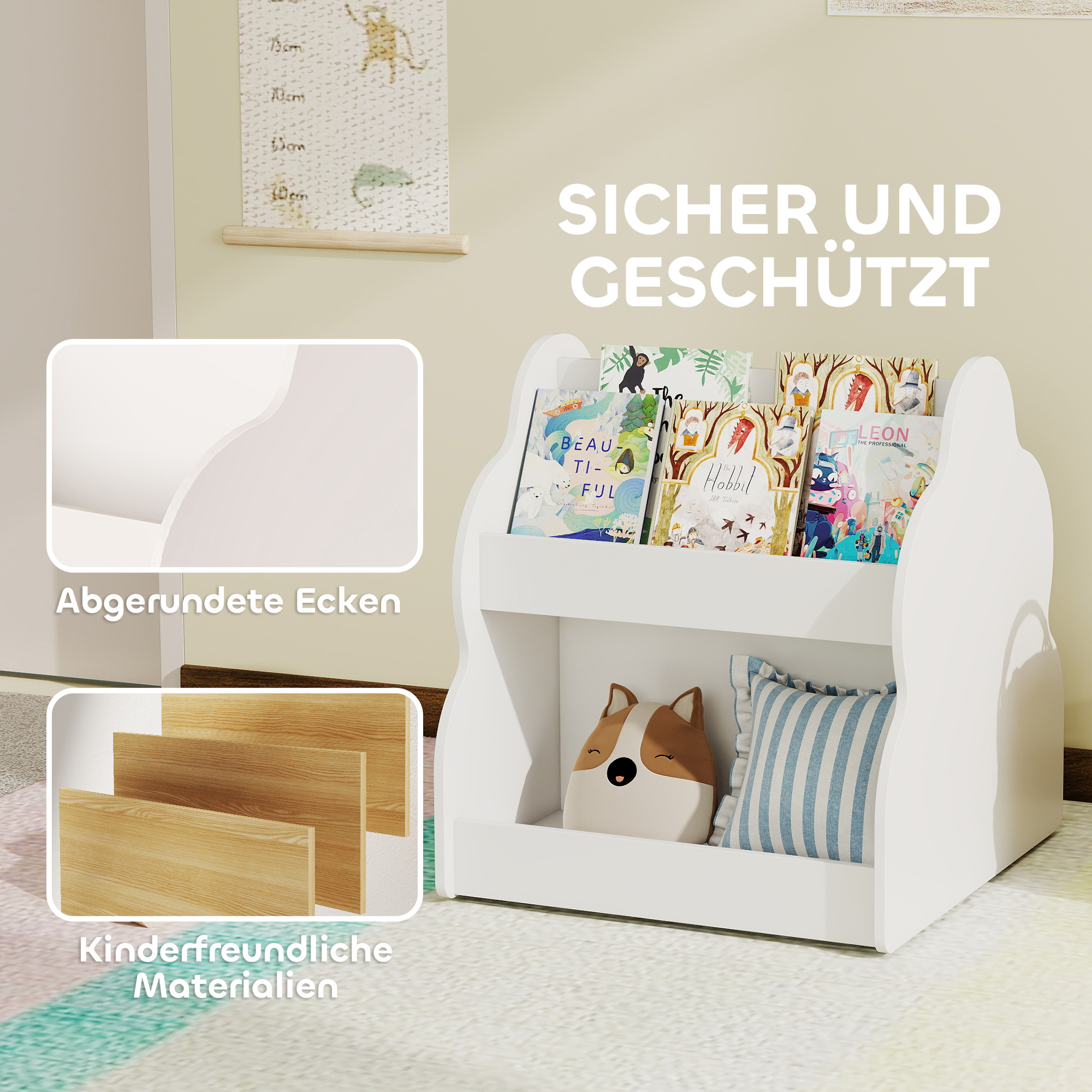 Kinderregal, 2-stöckiges Kinder-Bücherregal mit Rädern, 4 Regalen, für Kinderzimmer, Spielzimmer, 54x50x56 cm, Weiß