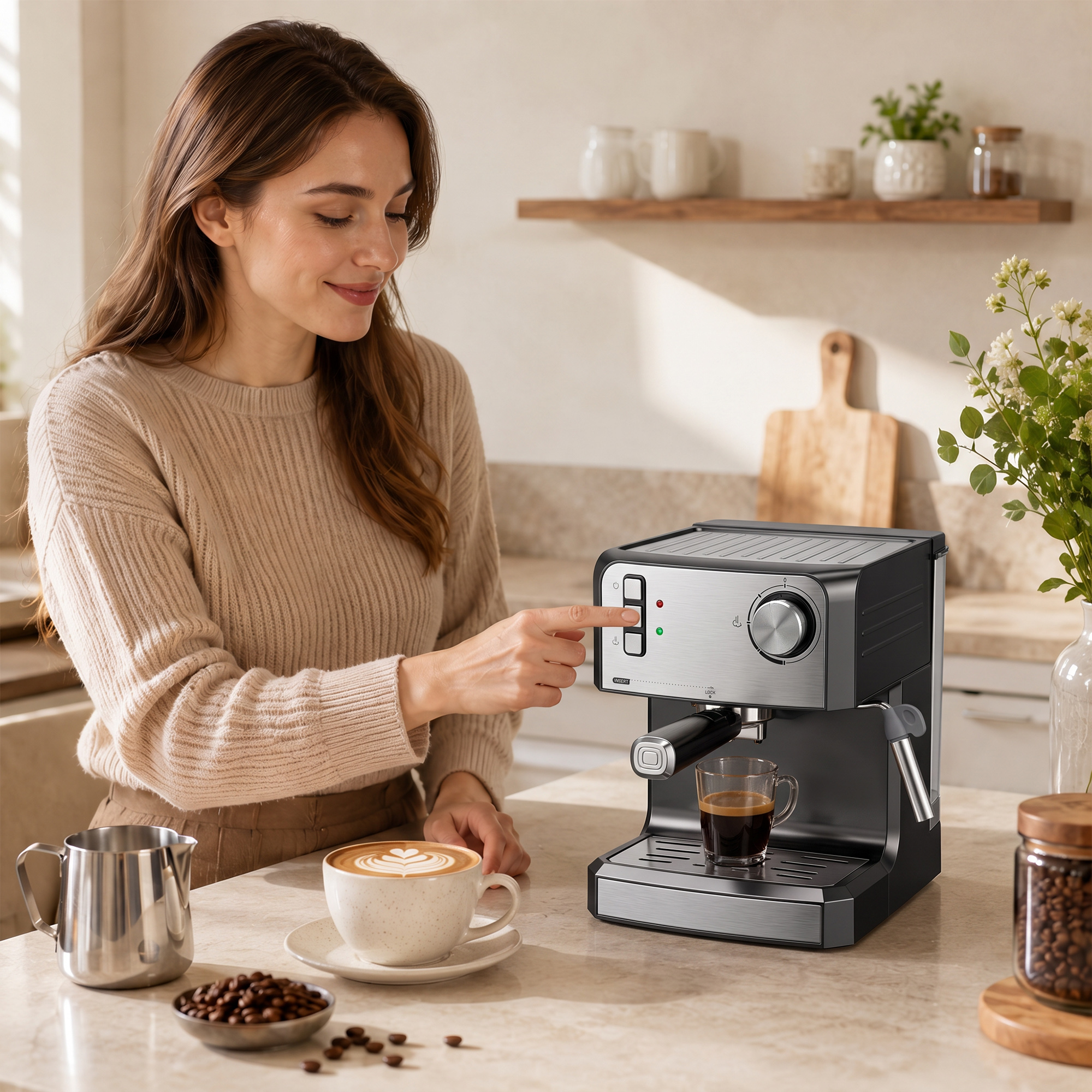 Espressomaschine, 20-Bar-Kaffeemaschine mit Milchaufschäumdüse, 1,6-l-Wassertank, Schwarz